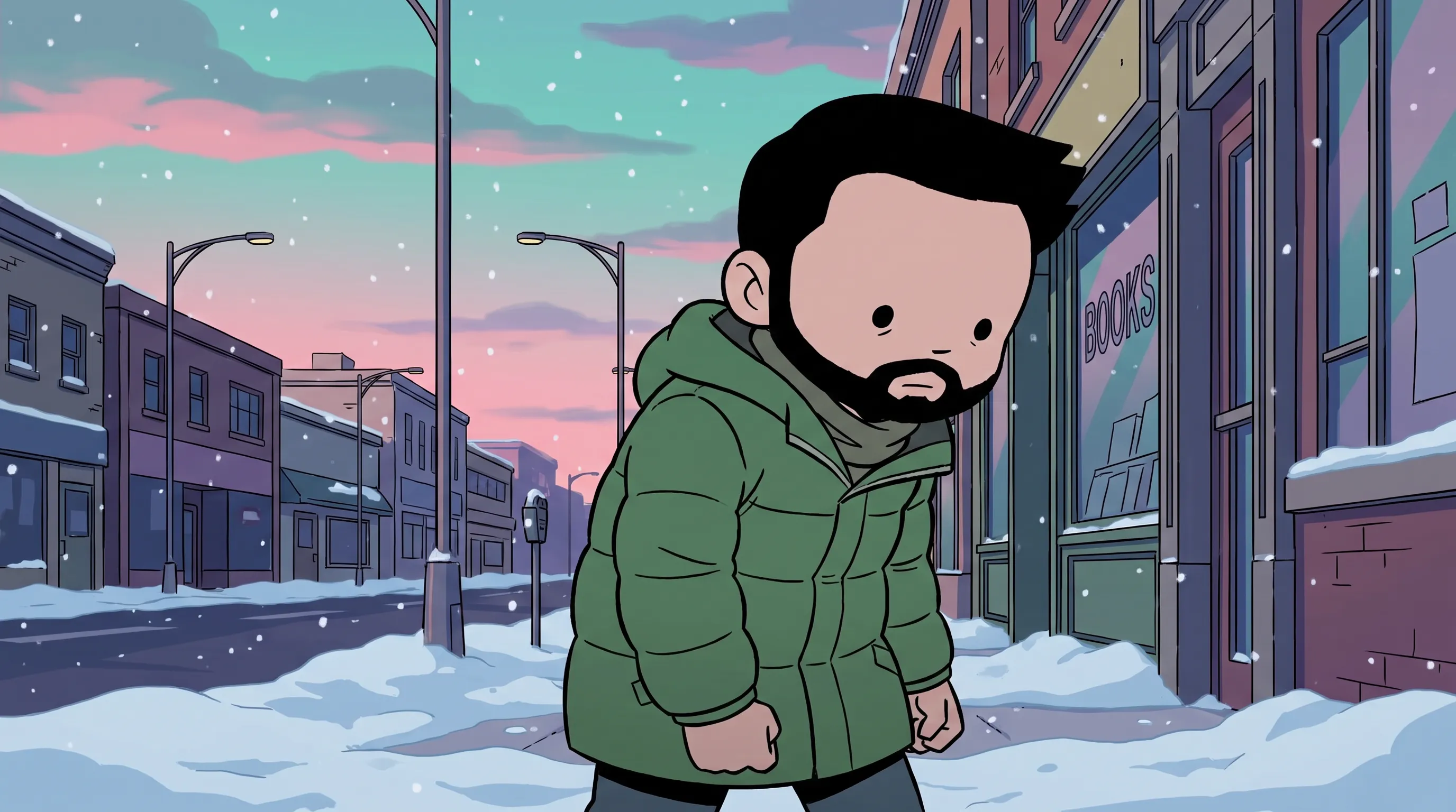 Bearded bookshop clerk in a green parka walking a snowy street at dusk, TV anime still in the Scott Pilgrim art style