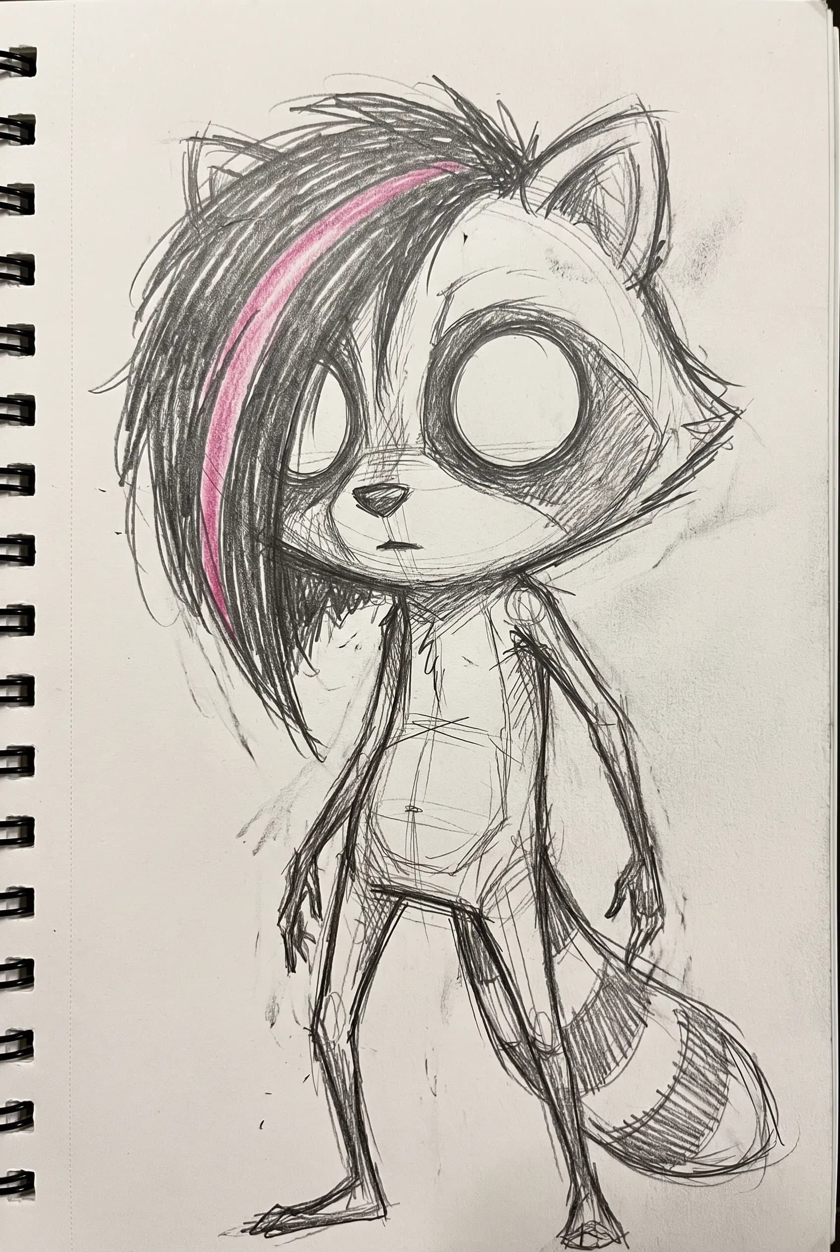 Graphite pencil sketch of a lanky raccoon with one pink stripe in its fringe, scene art style