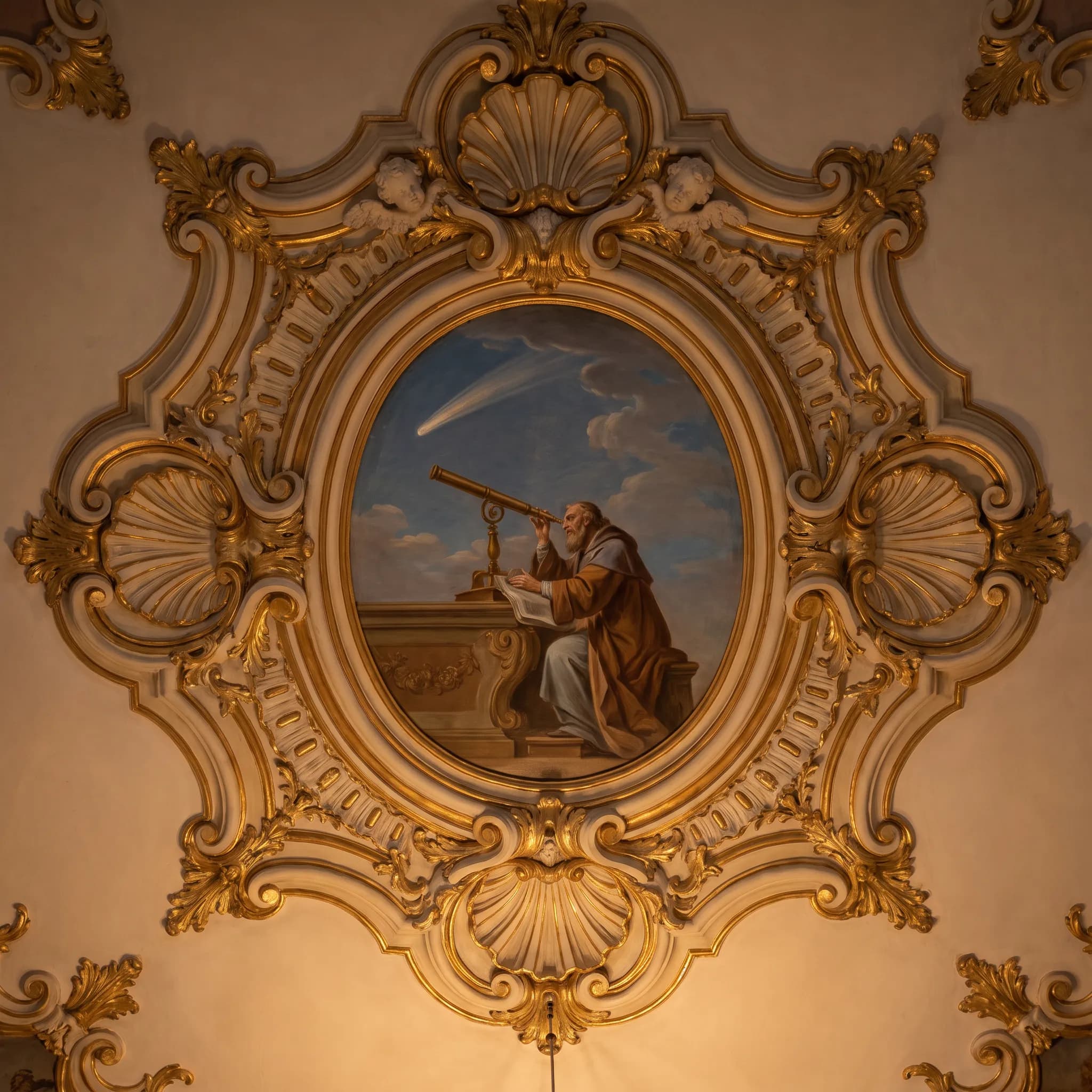 Gilded stucco ceiling panel framing a painted astronomer and comet, baroque art style