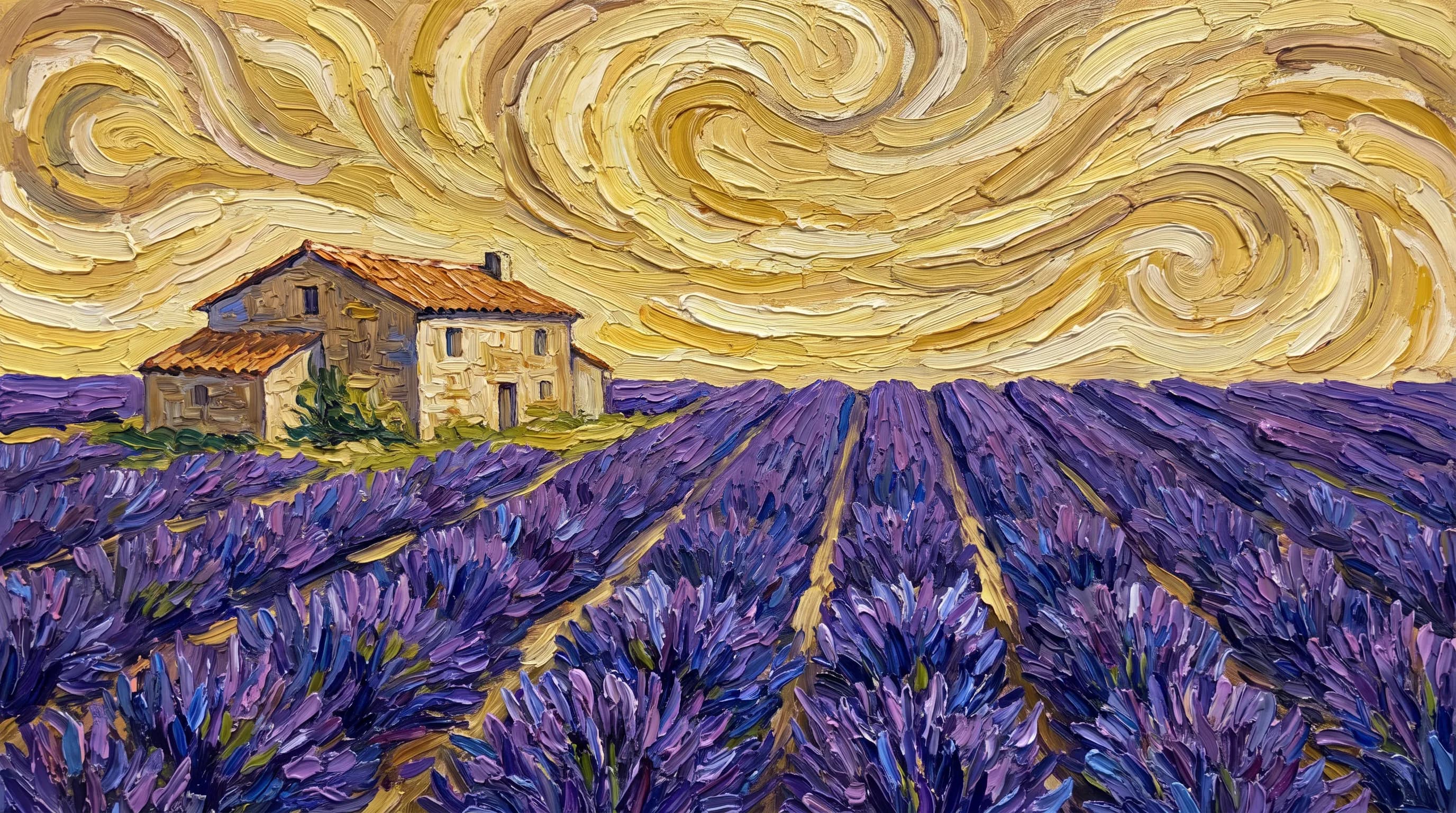 Stone farmhouse beside a lavender field under a swirling yellow sky, Vincent van Gogh art style
