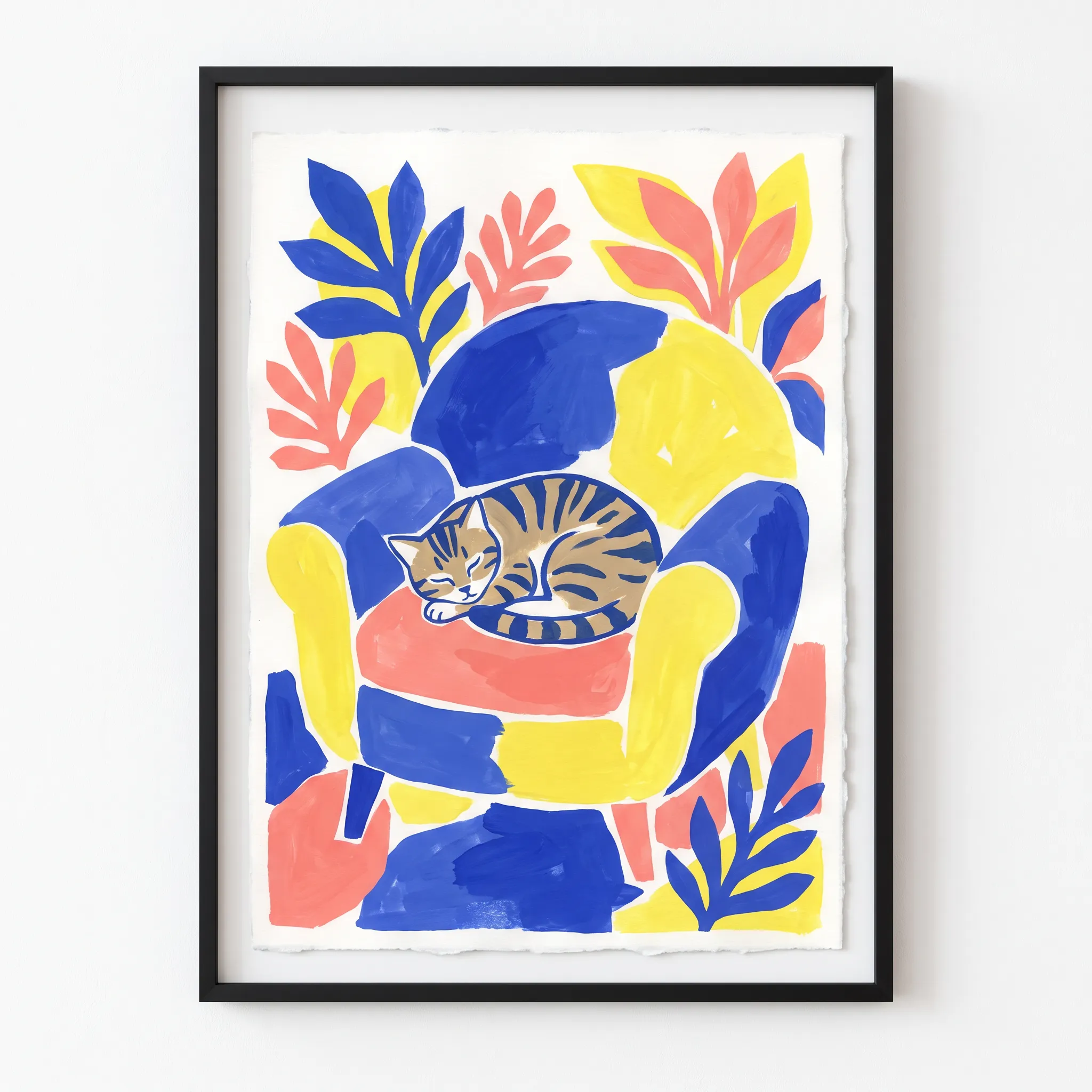 Gouache cut-paper collage of a tabby cat asleep on an armchair, Henri Matisse art style