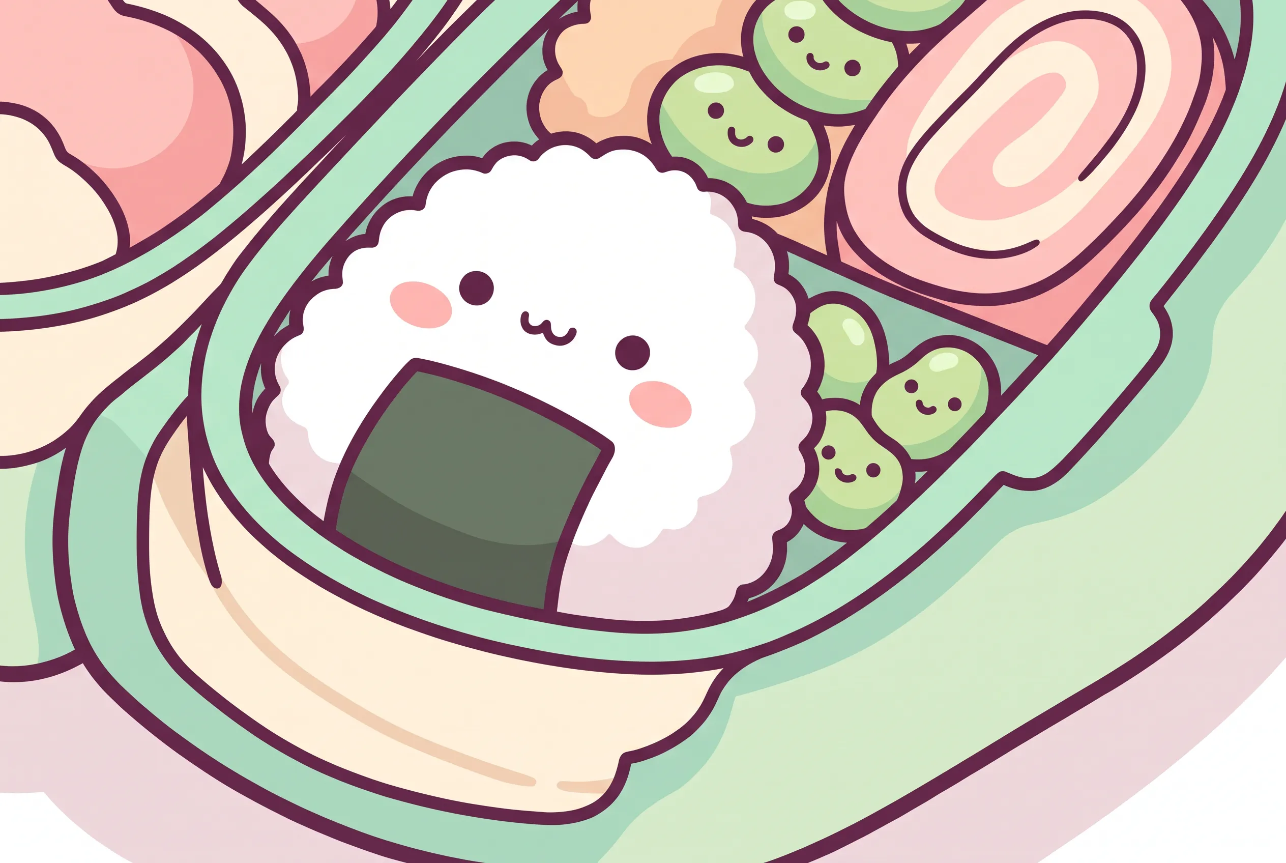 Round onigiri rice ball mascot napping in a bento box, kawaii art style illustration