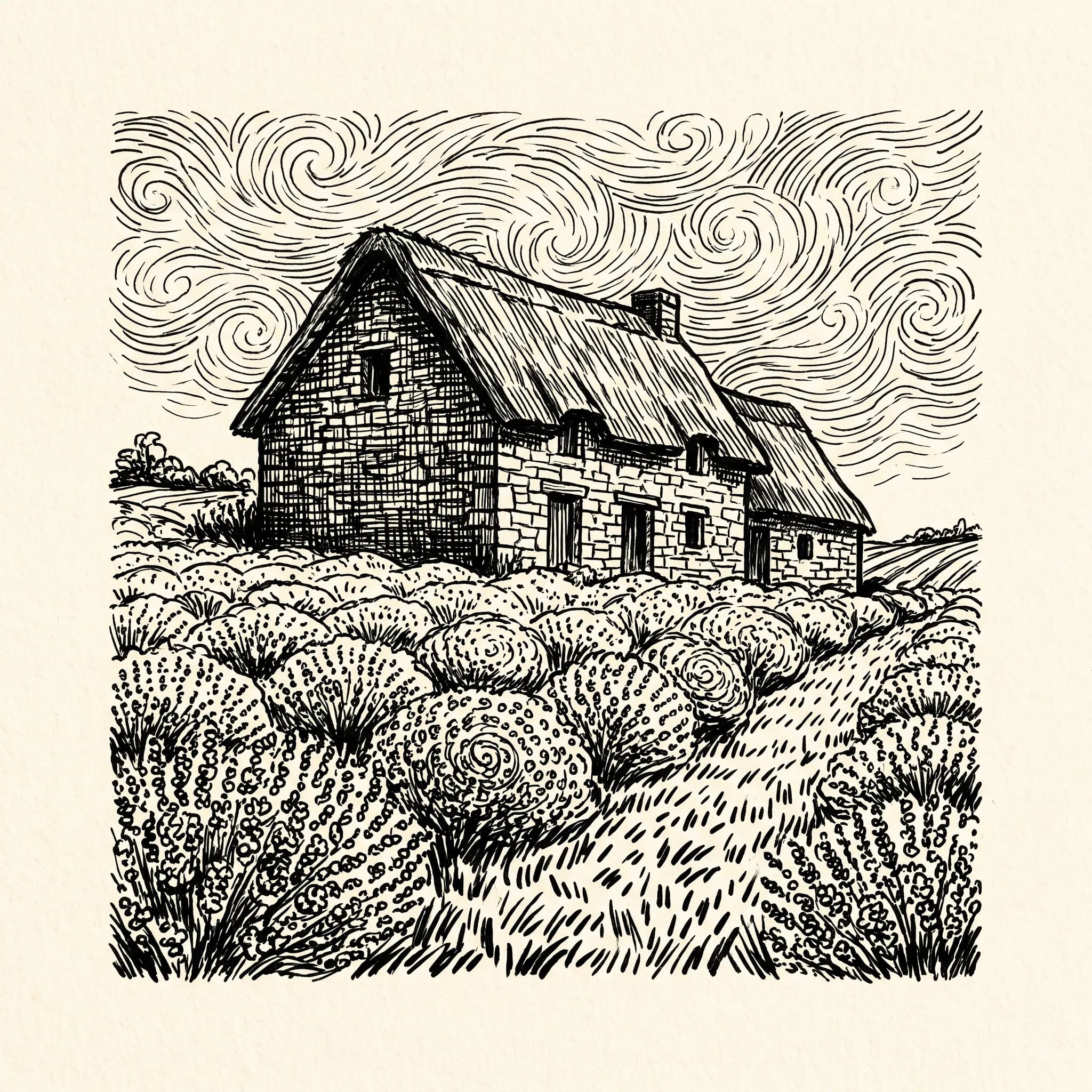 Ink drawing of a farmhouse and lavender field in dots, dashes and curling lines, Van Gogh art style