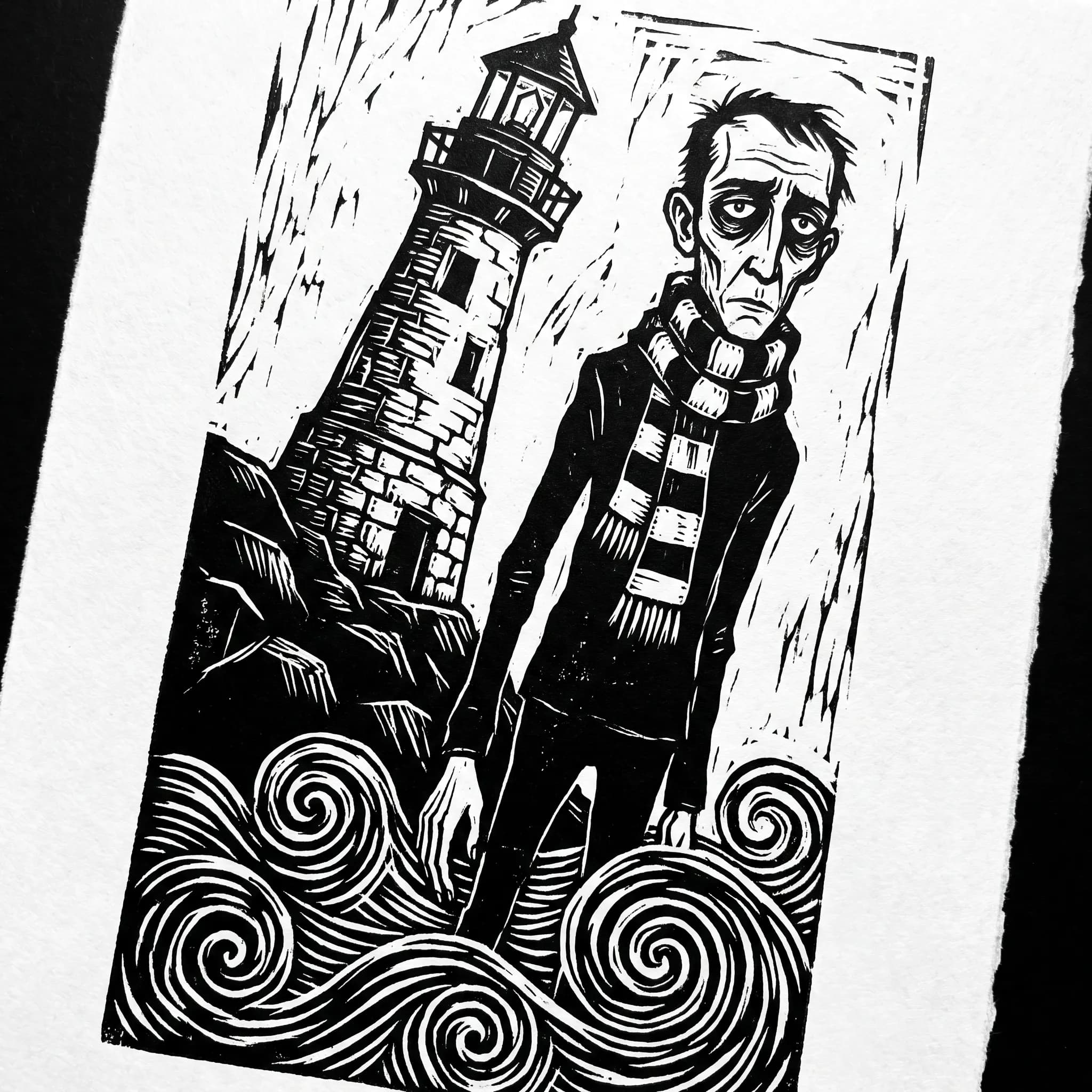 Black and white linocut print of a lanky lighthouse keeper with a striped scarf and dark-ringed eyes