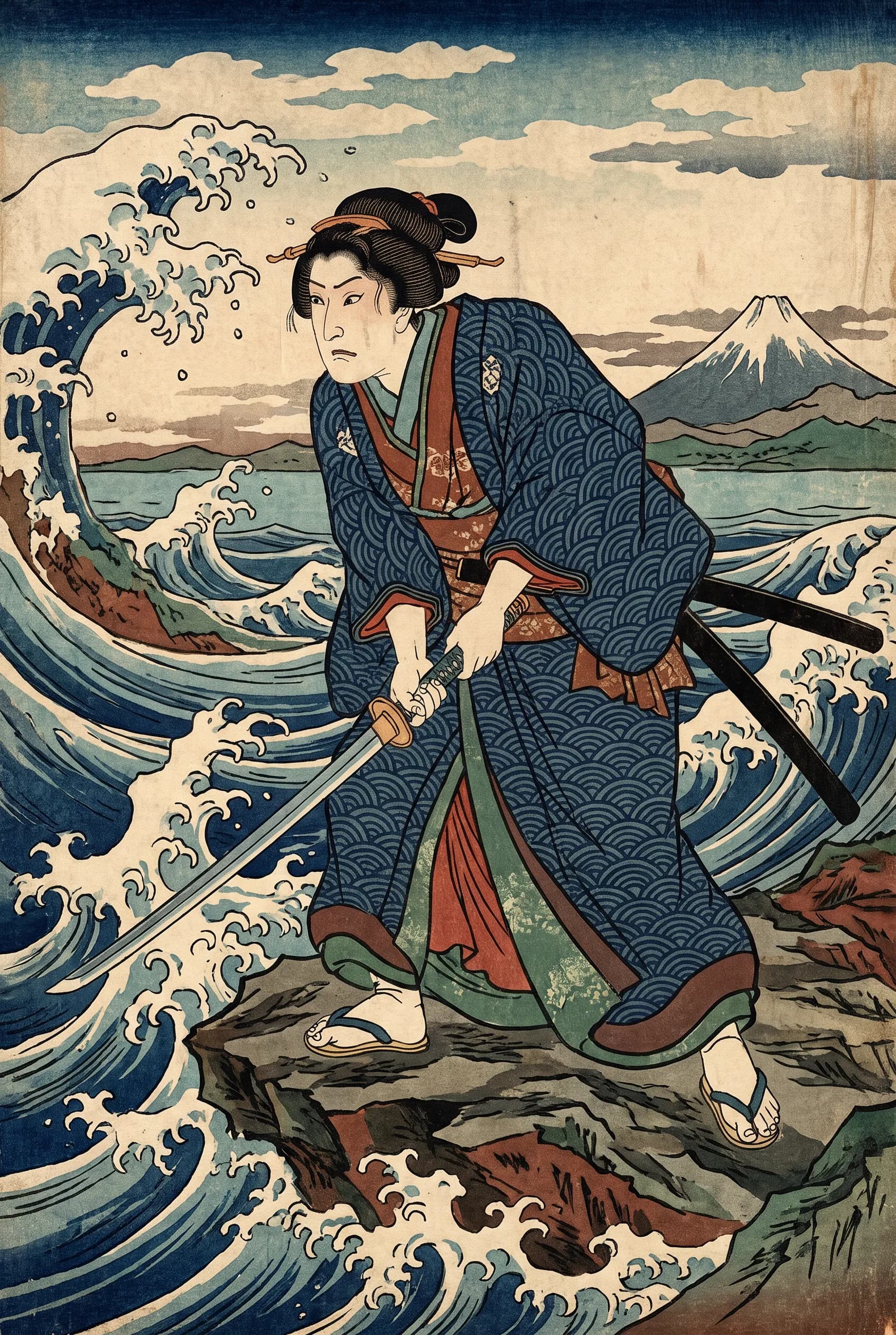 Ukiyo-e woodblock print of a middle-aged swordswoman on a rocky shore among stylized waves, Demon Slayer art style
