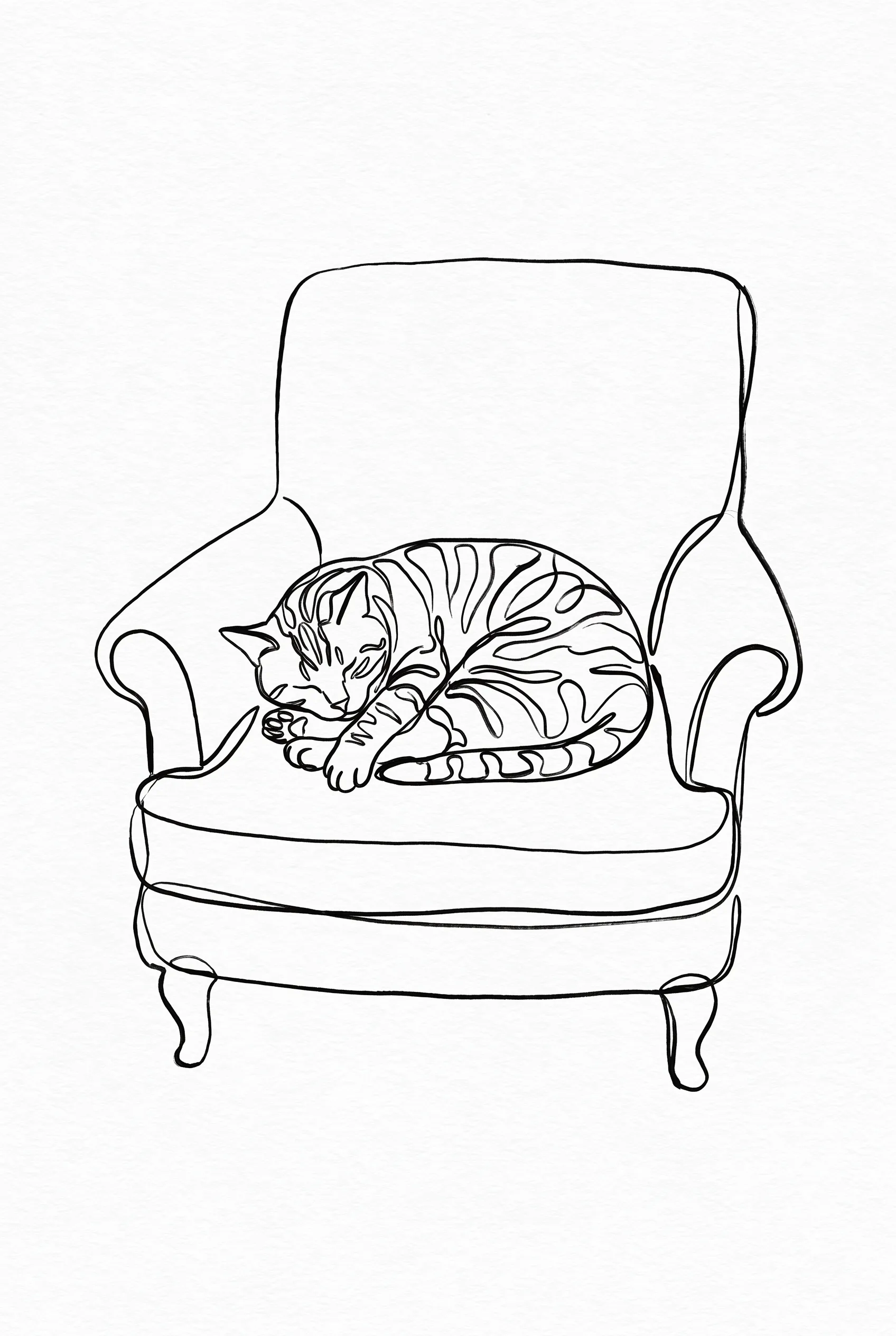 Brush and ink contour drawing of a tabby cat asleep on an armchair, Henri Matisse art style
