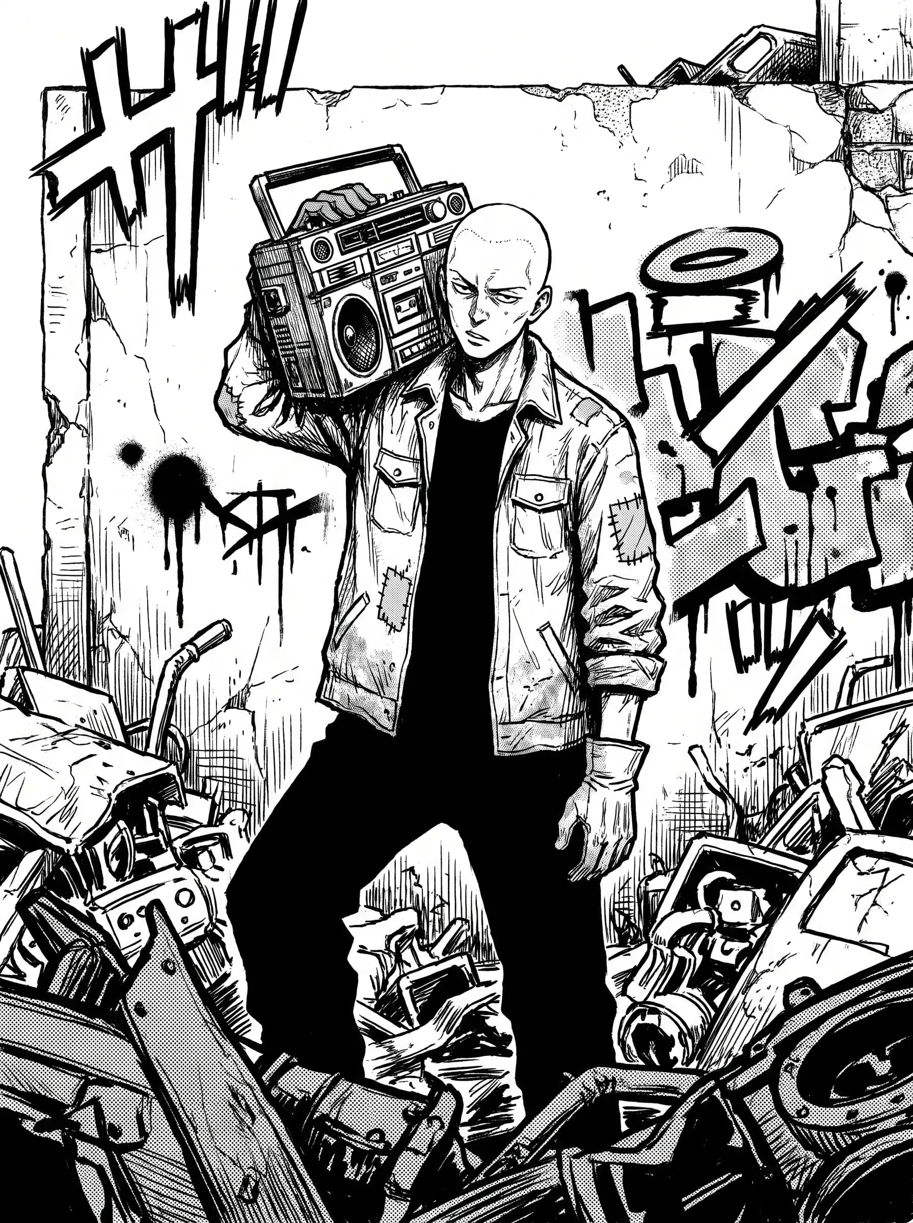 Black and white manga panel of an adult scrapyard mechanic carrying a boombox, Gachiakuta art style