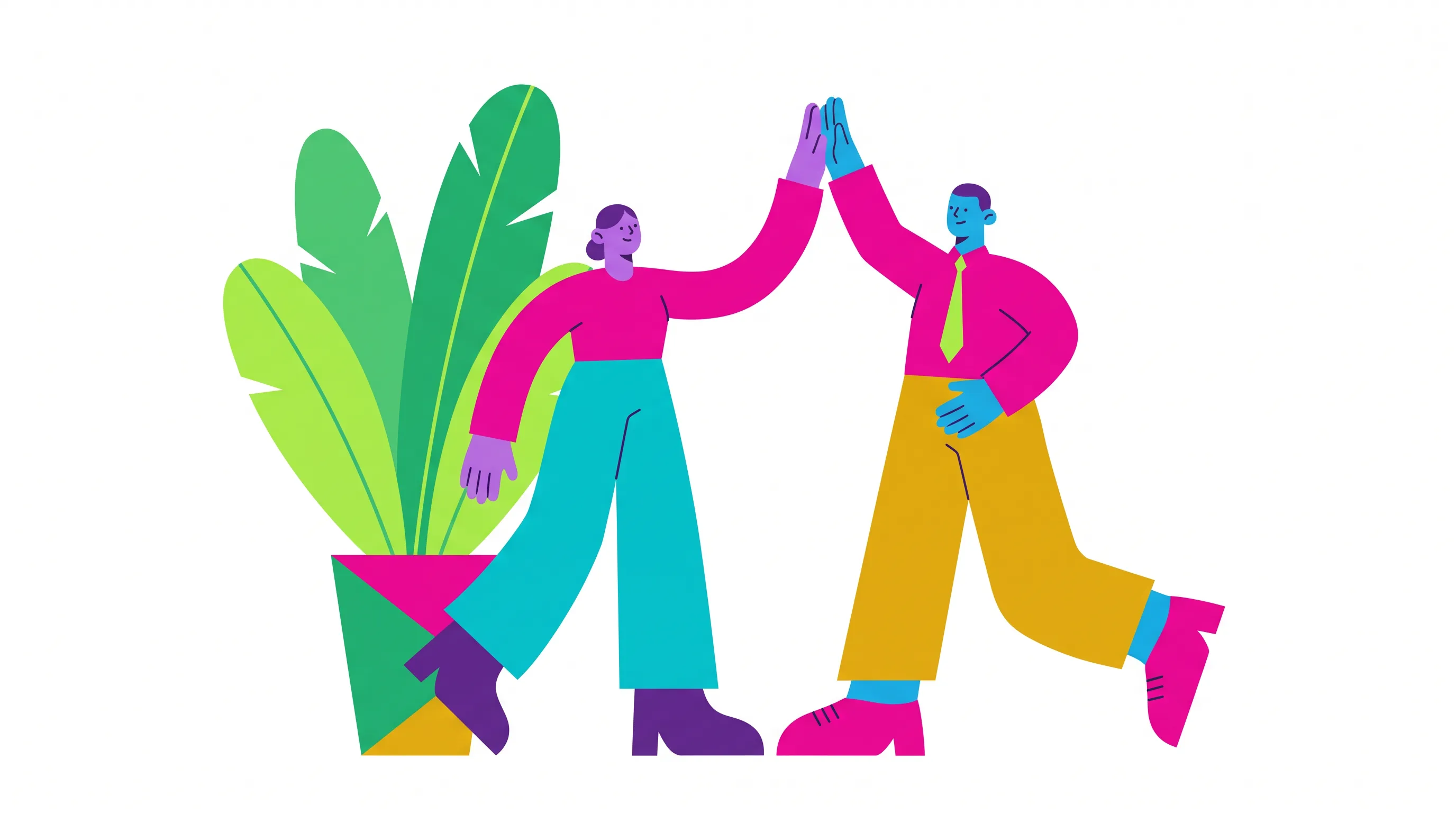 Corporate art style hero illustration of two coworkers with purple and blue skin high-fiving beside a giant potted plant
