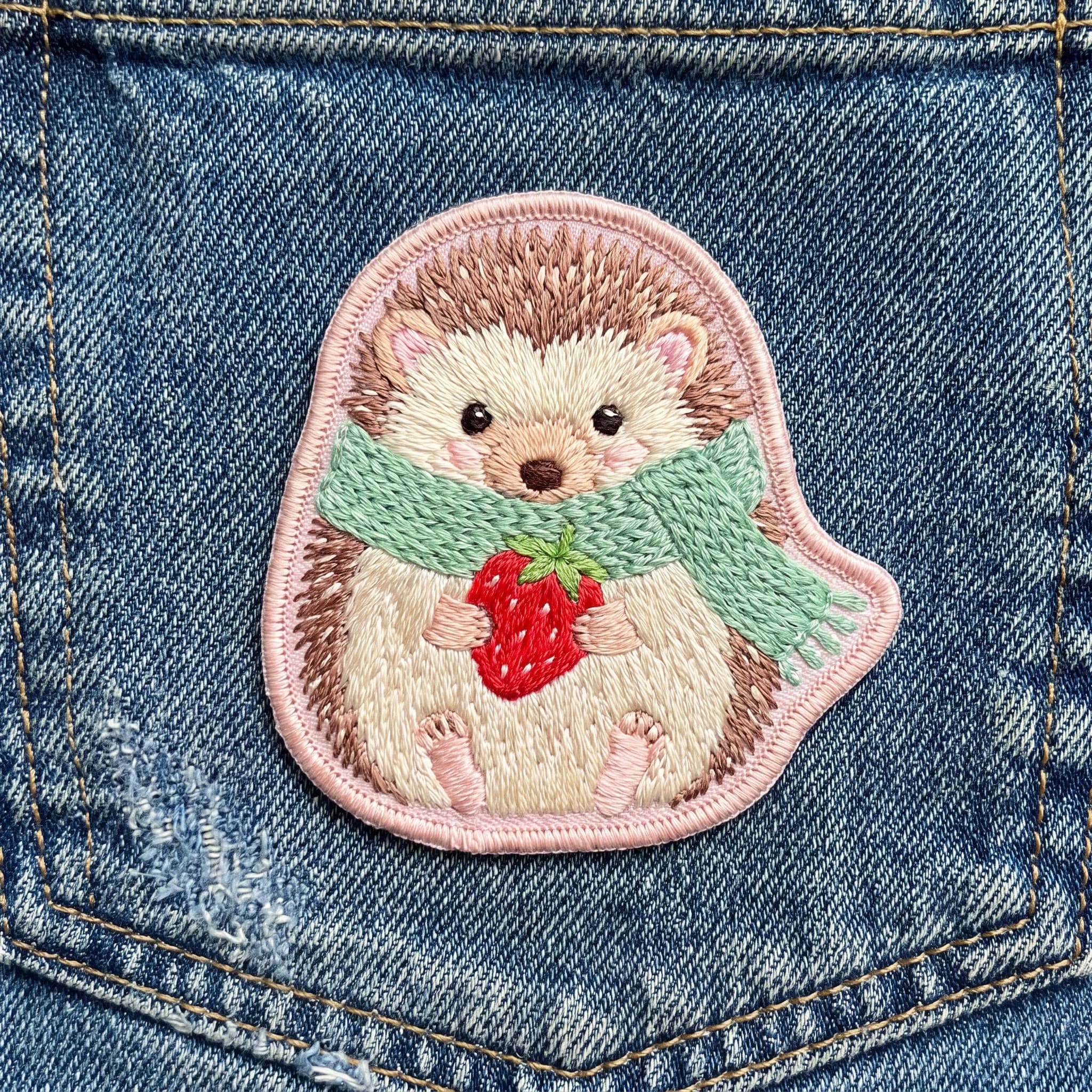 Embroidered patch of a little hedgehog in a knitted green scarf holding a strawberry