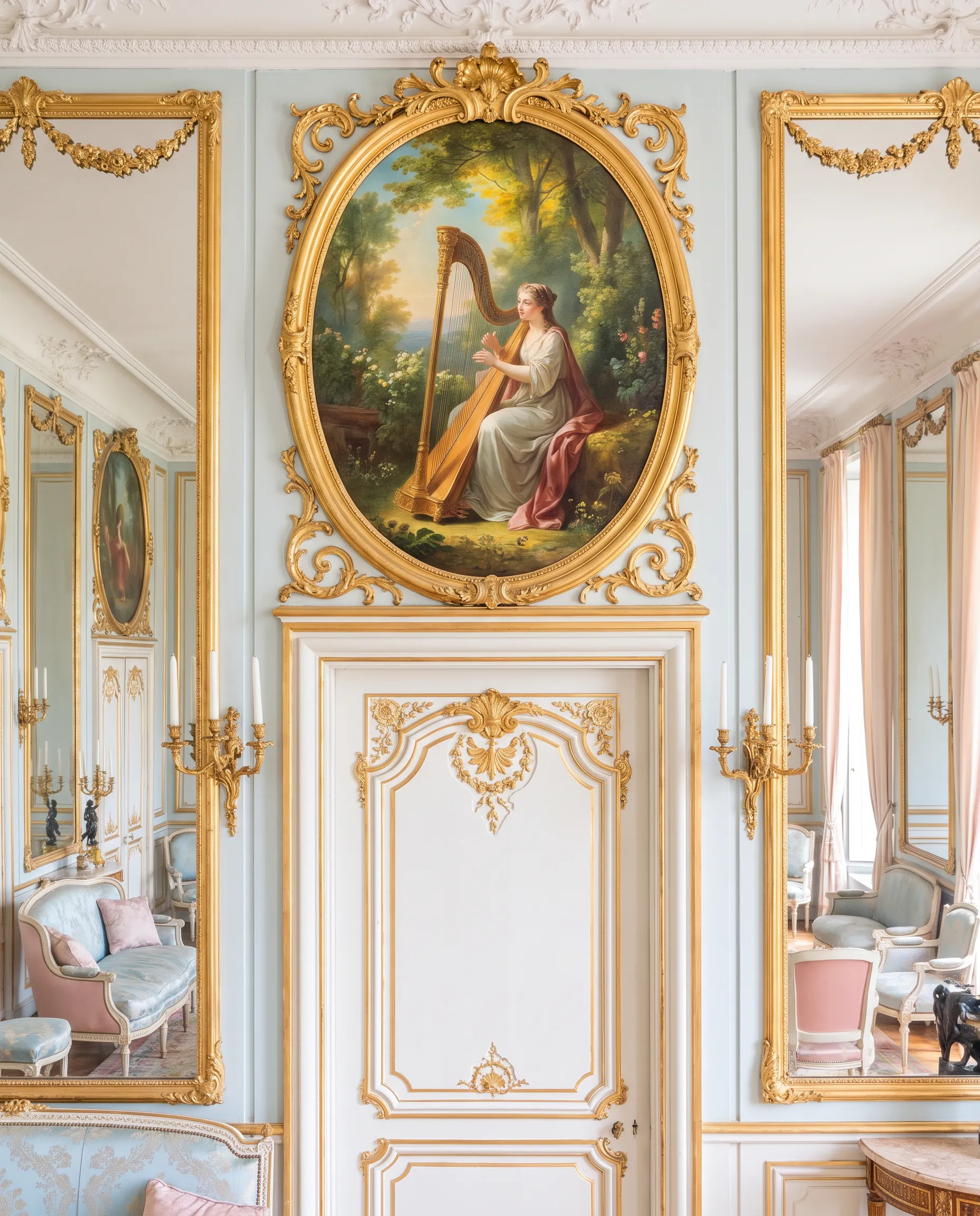 Oval overdoor painting of a harpist in a white and gold paneled salon, rococo art style