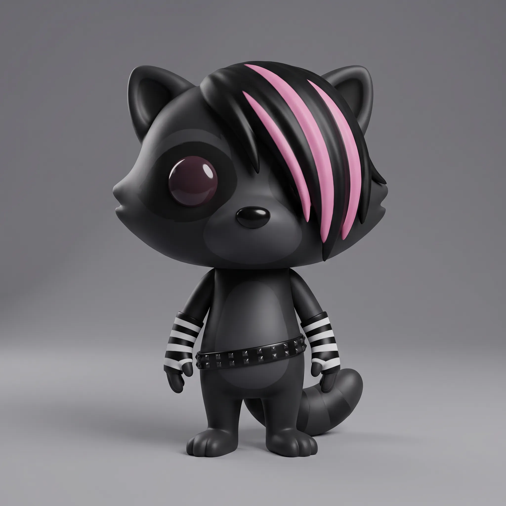 3D render of a vinyl toy raccoon with an oversized head and pink-streaked fringe, scene art style