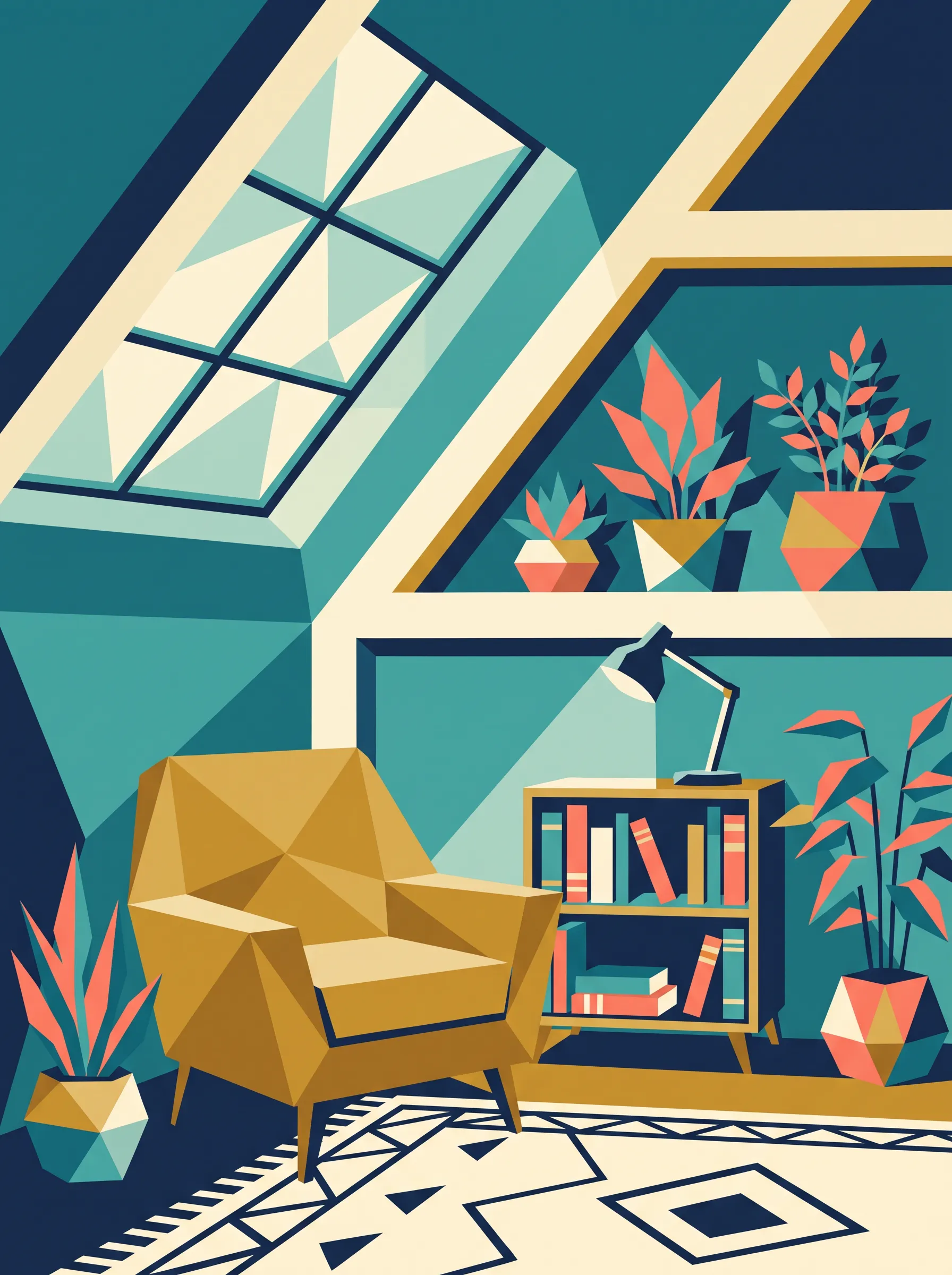 Flat vector poster of a cozy attic reading nook made of triangles, low poly art style