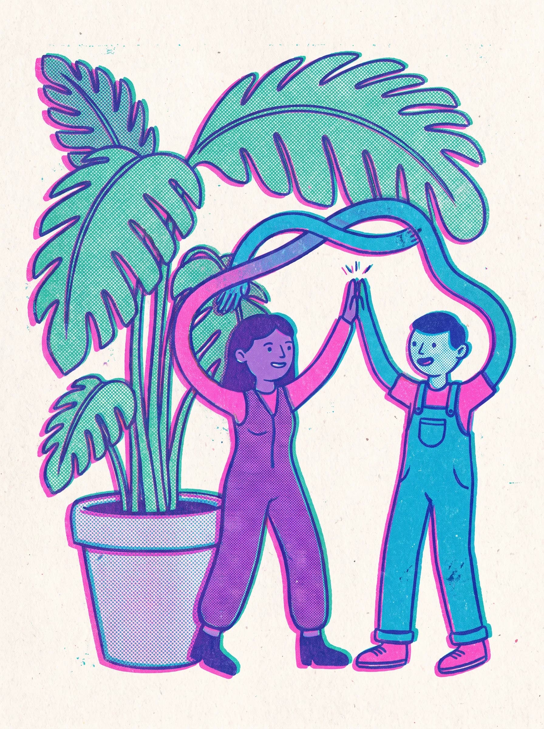 Risograph poster of two coworkers with purple and blue skin high-fiving beside a giant potted plant