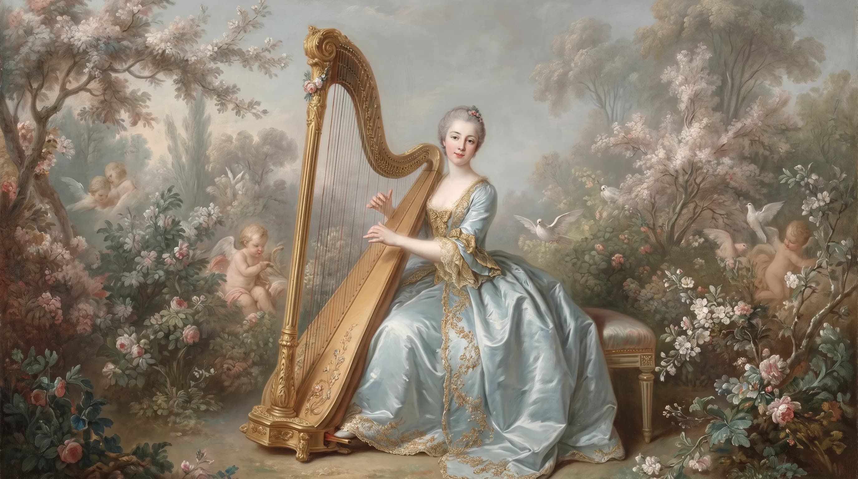 Woman in a pale blue silk gown playing a gilded harp in a leafy garden, rococo art style