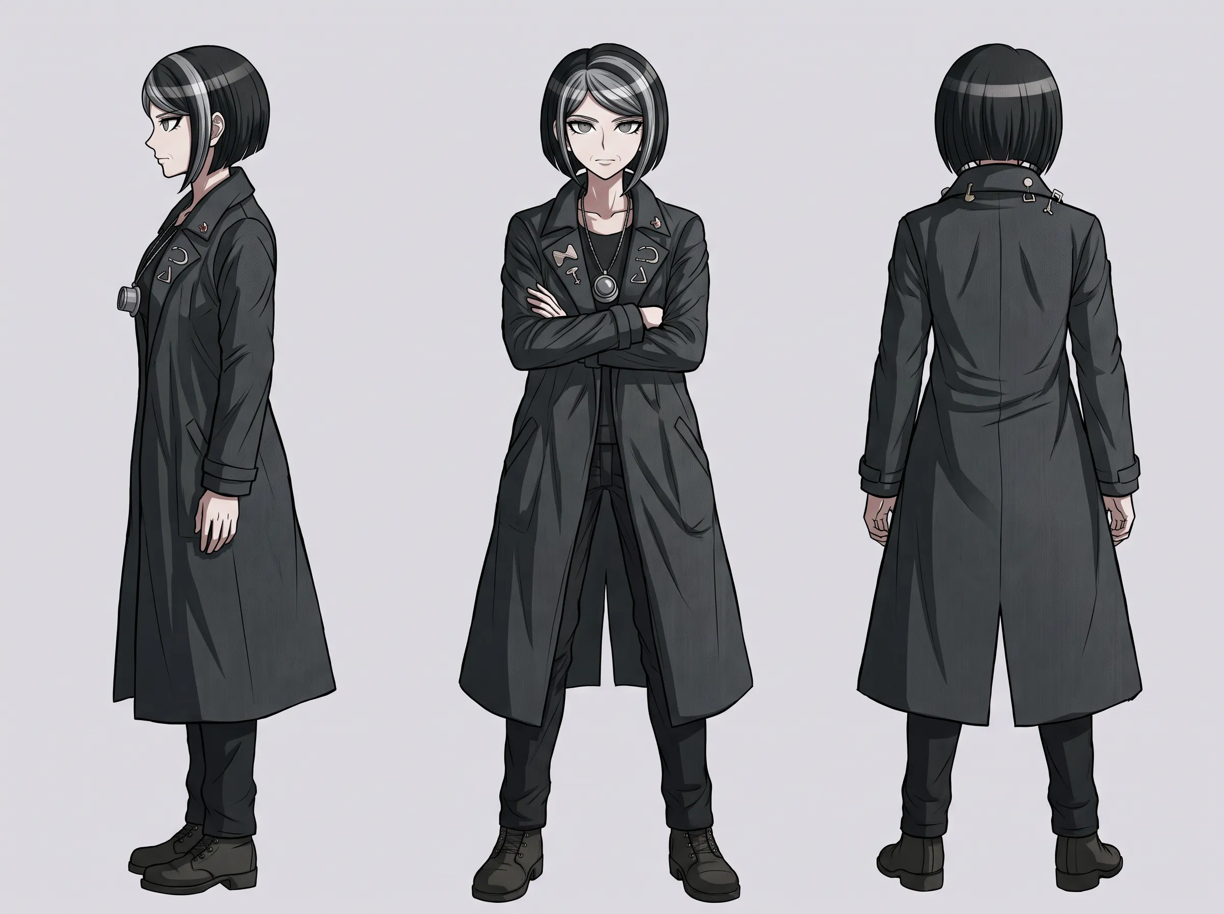 Front, side and back turnaround of a pawnbroker in a long charcoal coat, Danganronpa art style