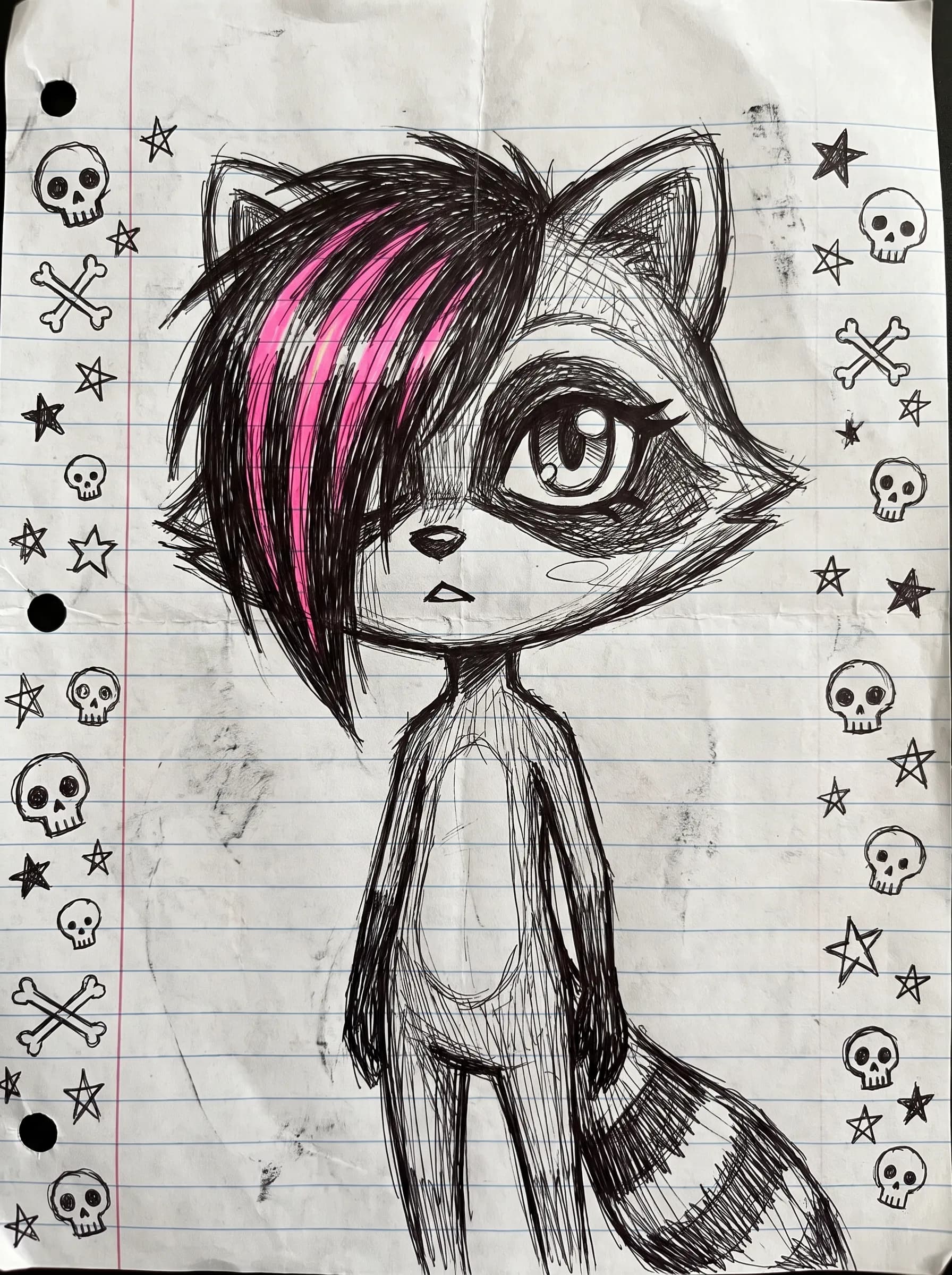Gel pen notebook doodle of a raccoon with a pink-streaked fringe and highlighter accents, scene art style