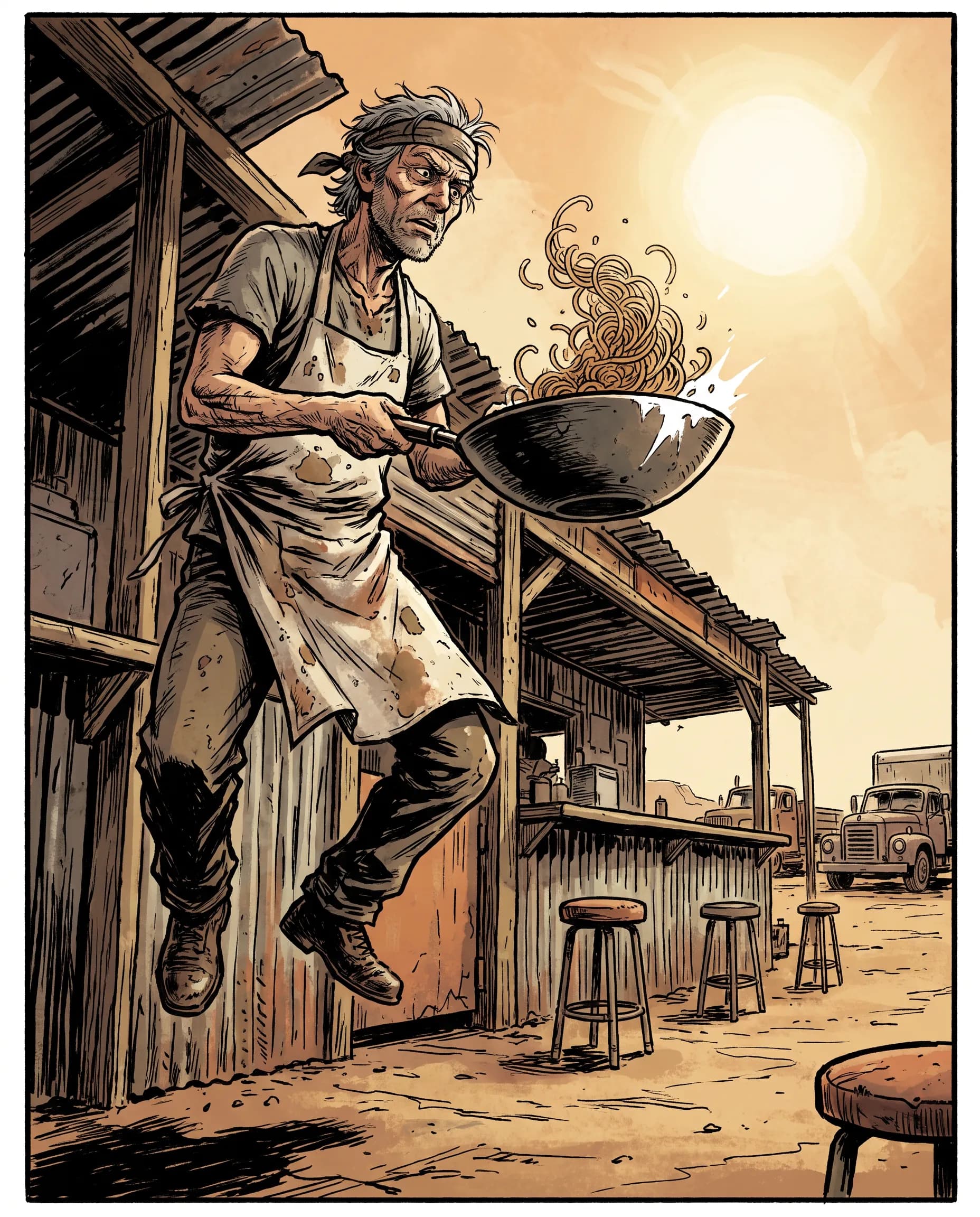Comic book panel of a gray-haired cook tossing noodles at a desert truck stop, Borderlands art style