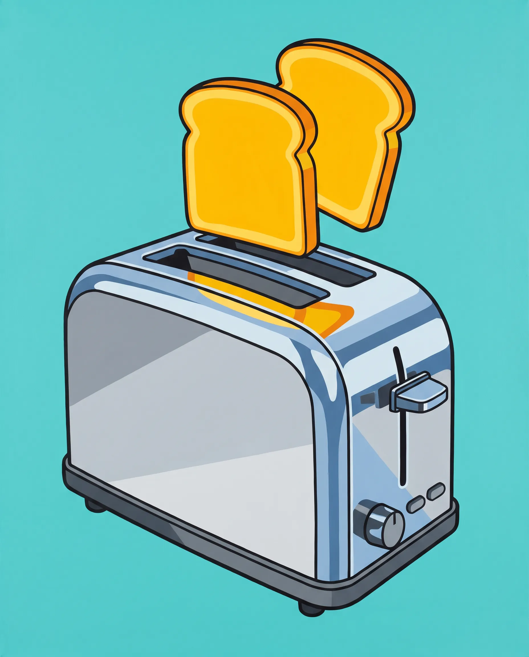 Hard-edge acrylic painting of a chrome pop-up toaster on a flat turquoise background