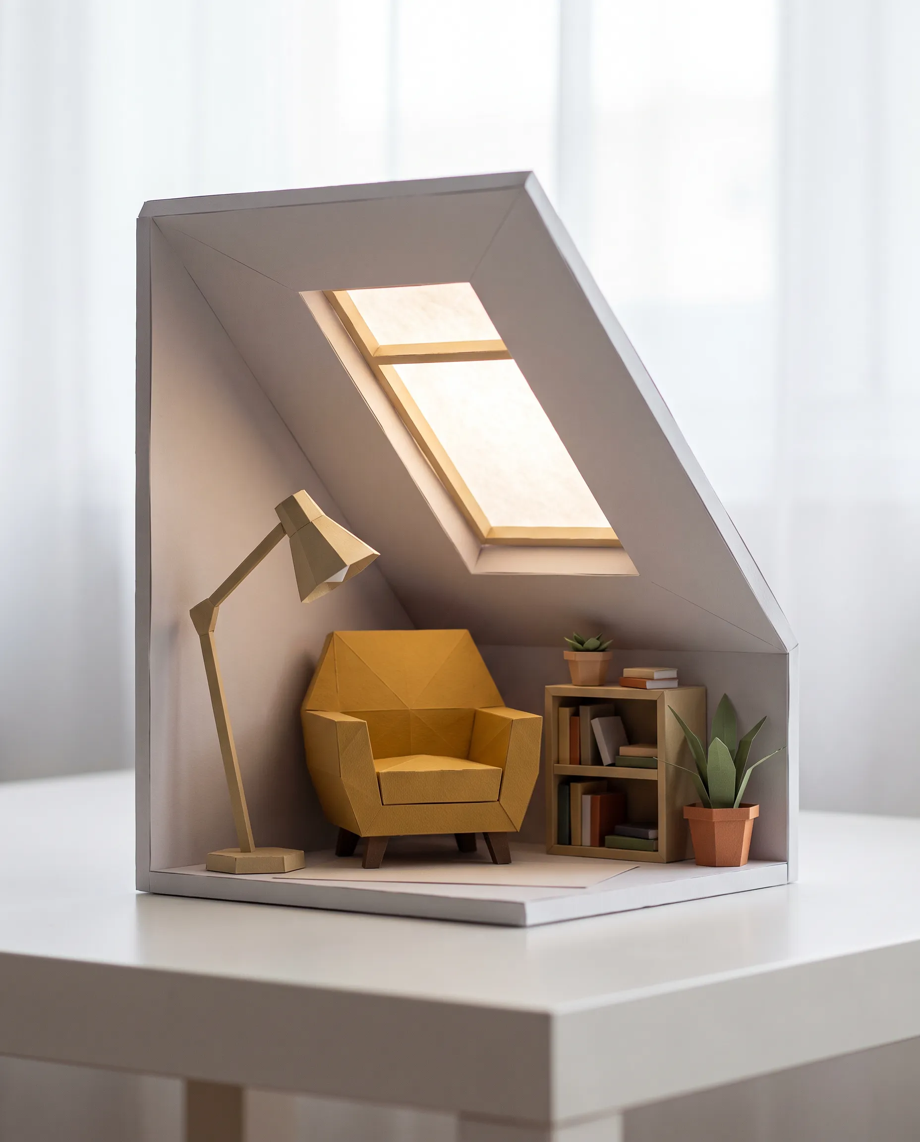 Folded papercraft model of a cozy attic reading nook, low poly art style