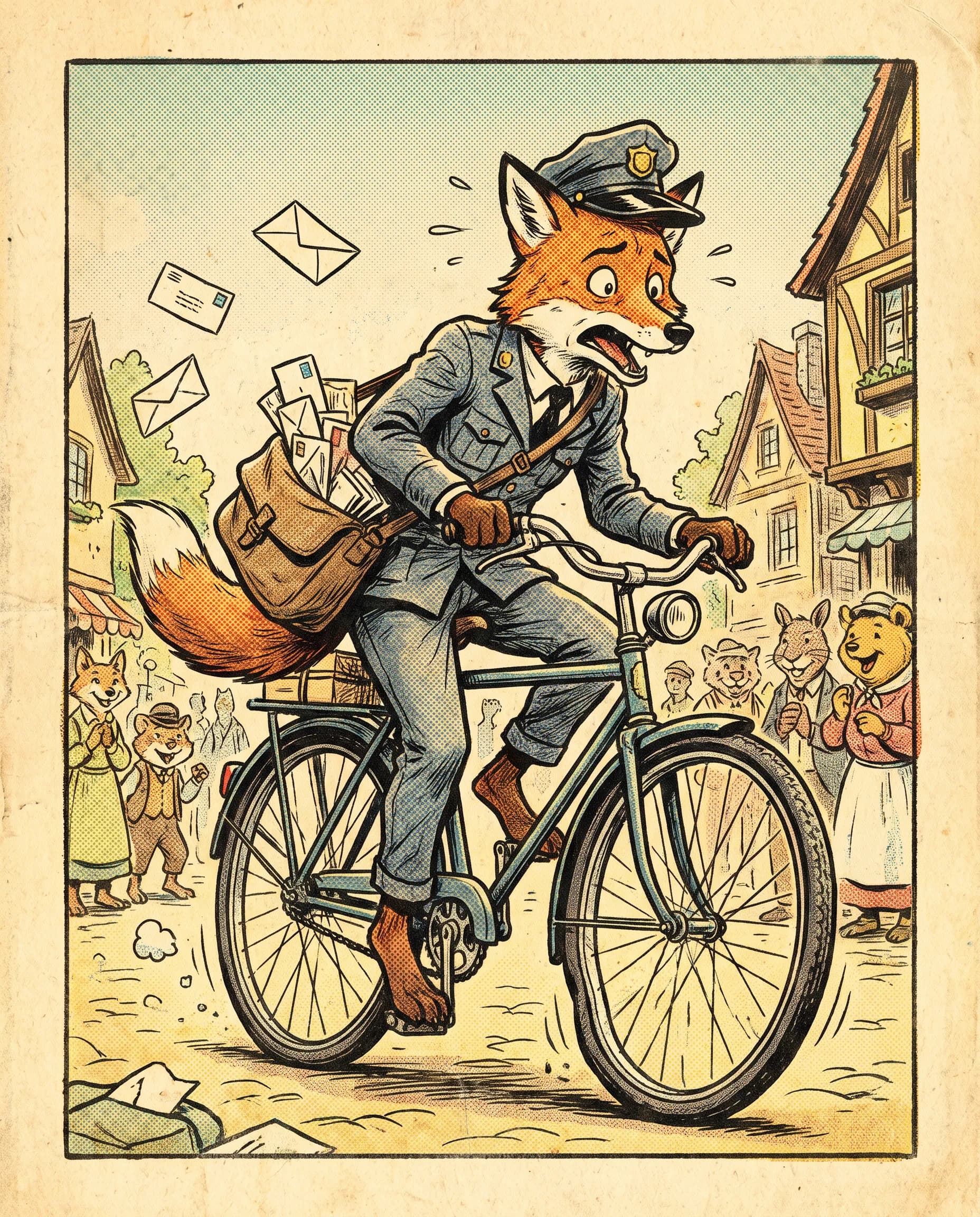 Sunday newspaper comic panel of a fox mail carrier wobbling on a bicycle