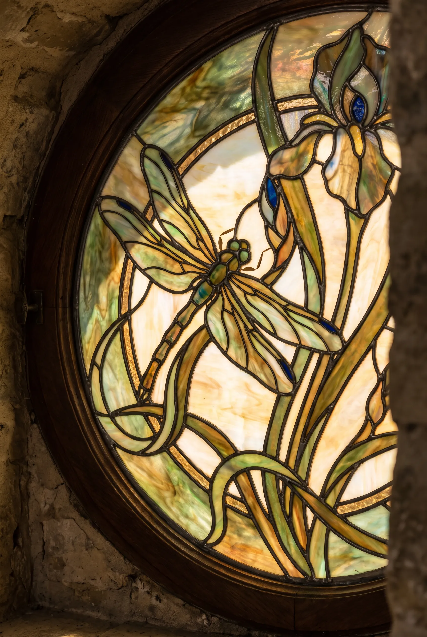 Leaded stained glass window of a dragonfly on iris stalks in art nouveau style