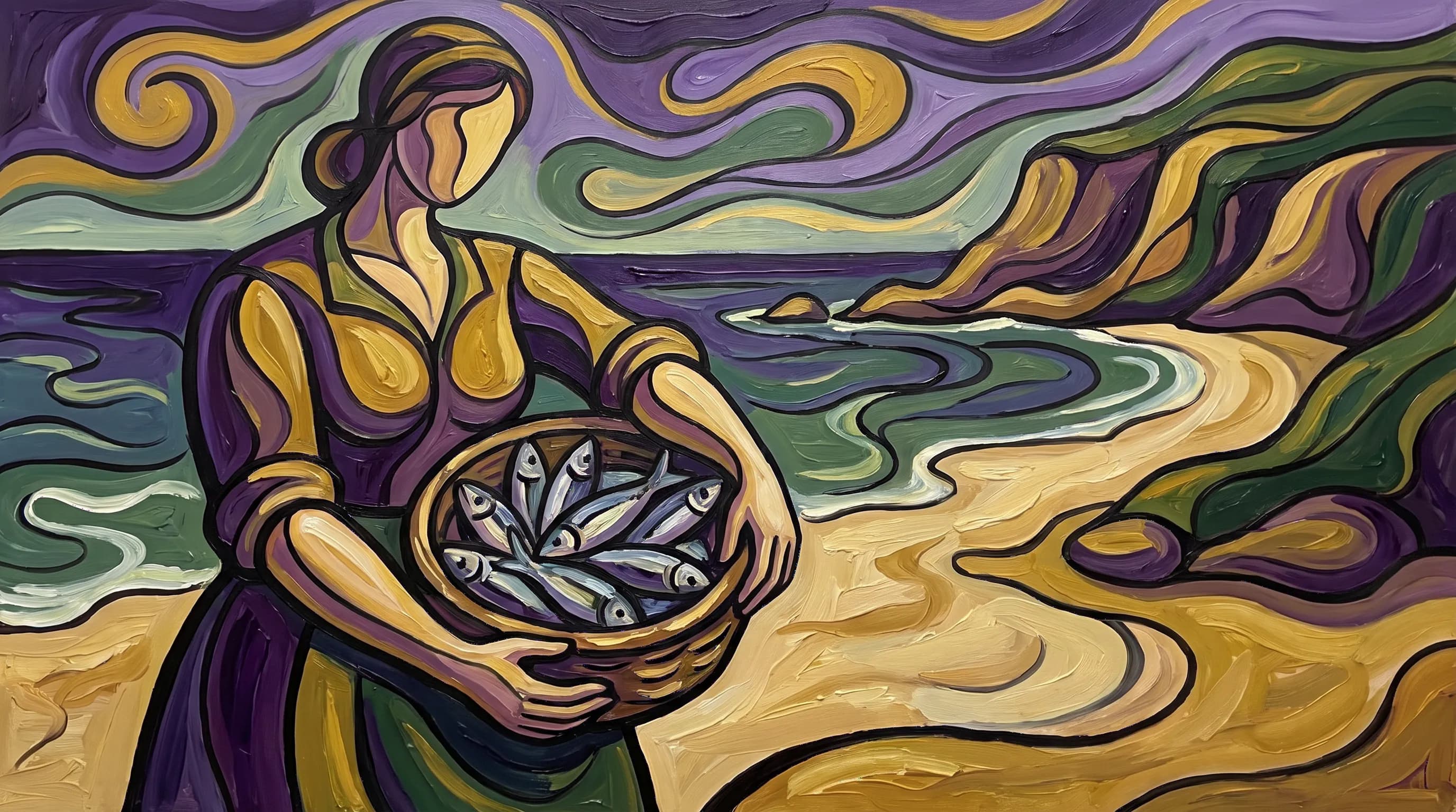 Wide oil painting of a fisherwoman with her basket of sardines on a beach