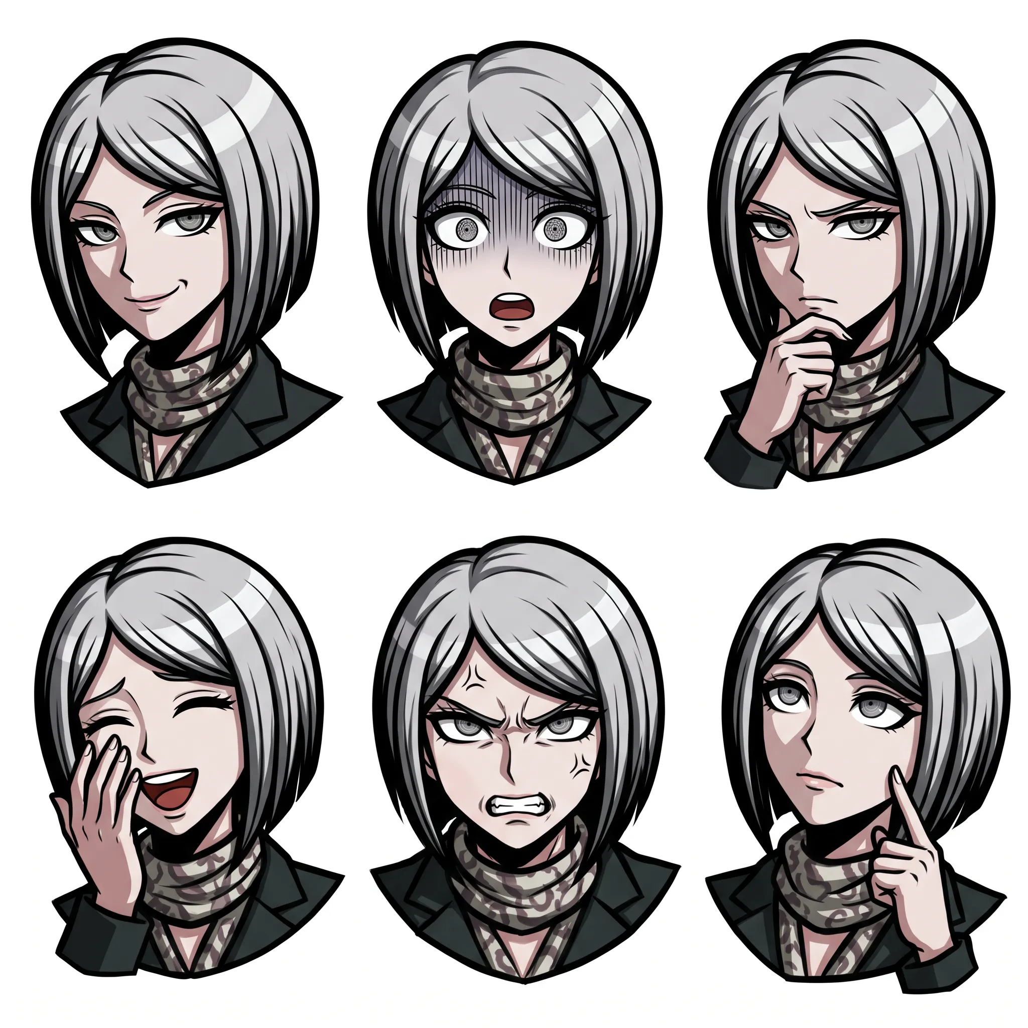Six-face expression sheet of a pawnbroker with a silver-streaked bob, Danganronpa art style