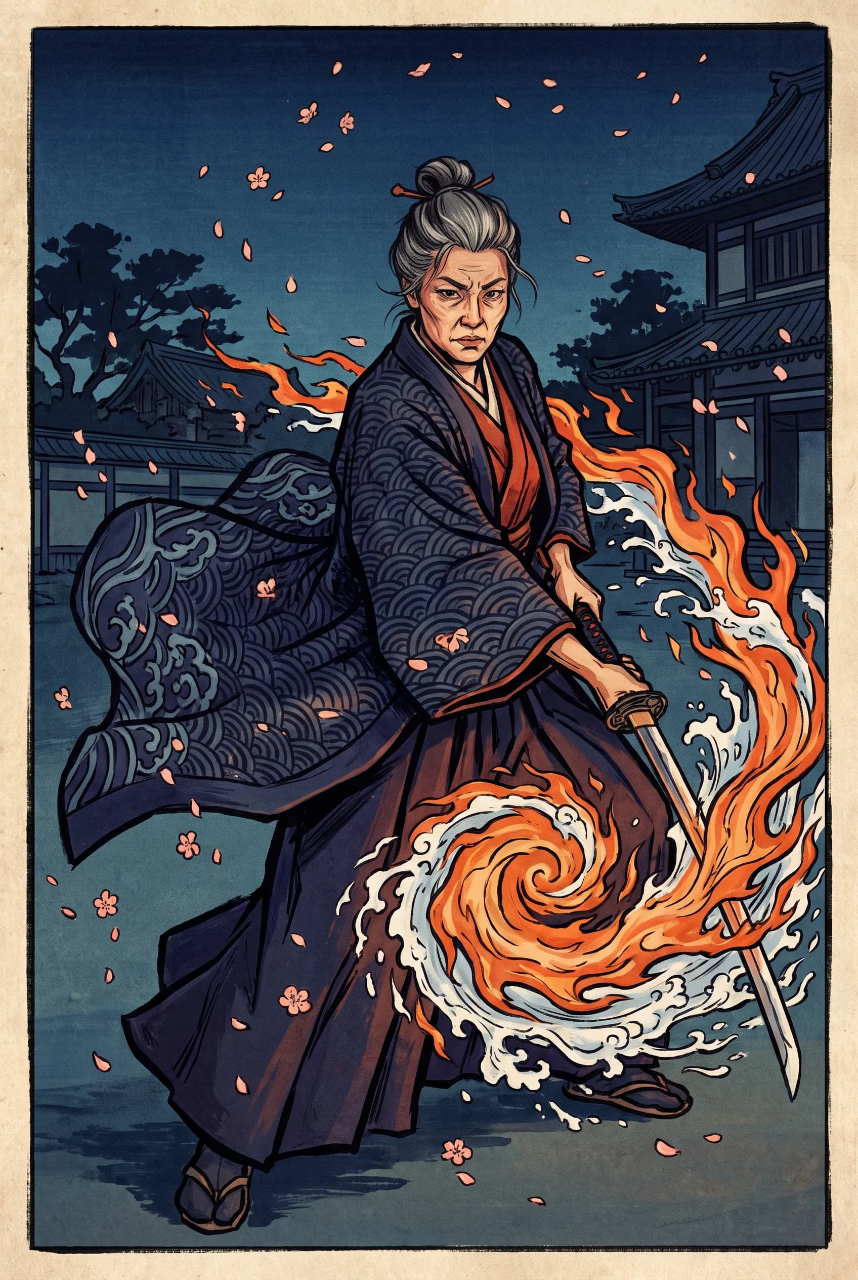 Poster painting of a swordswoman in her forties in falling plum blossoms with flame and water around her blade, Demon Slayer art style