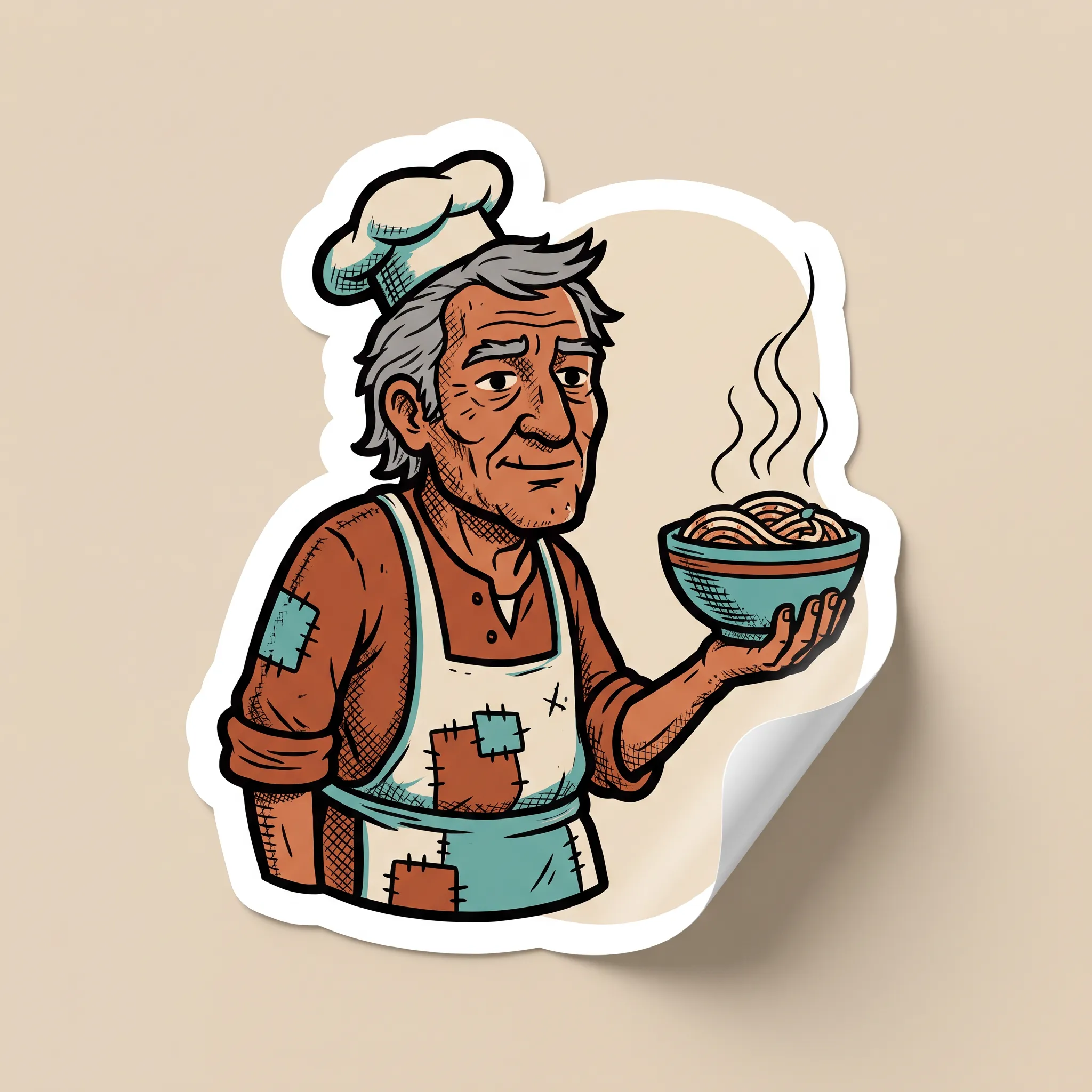 Die-cut sticker of a gray-haired desert noodle cook holding a steaming bowl, Borderlands art style