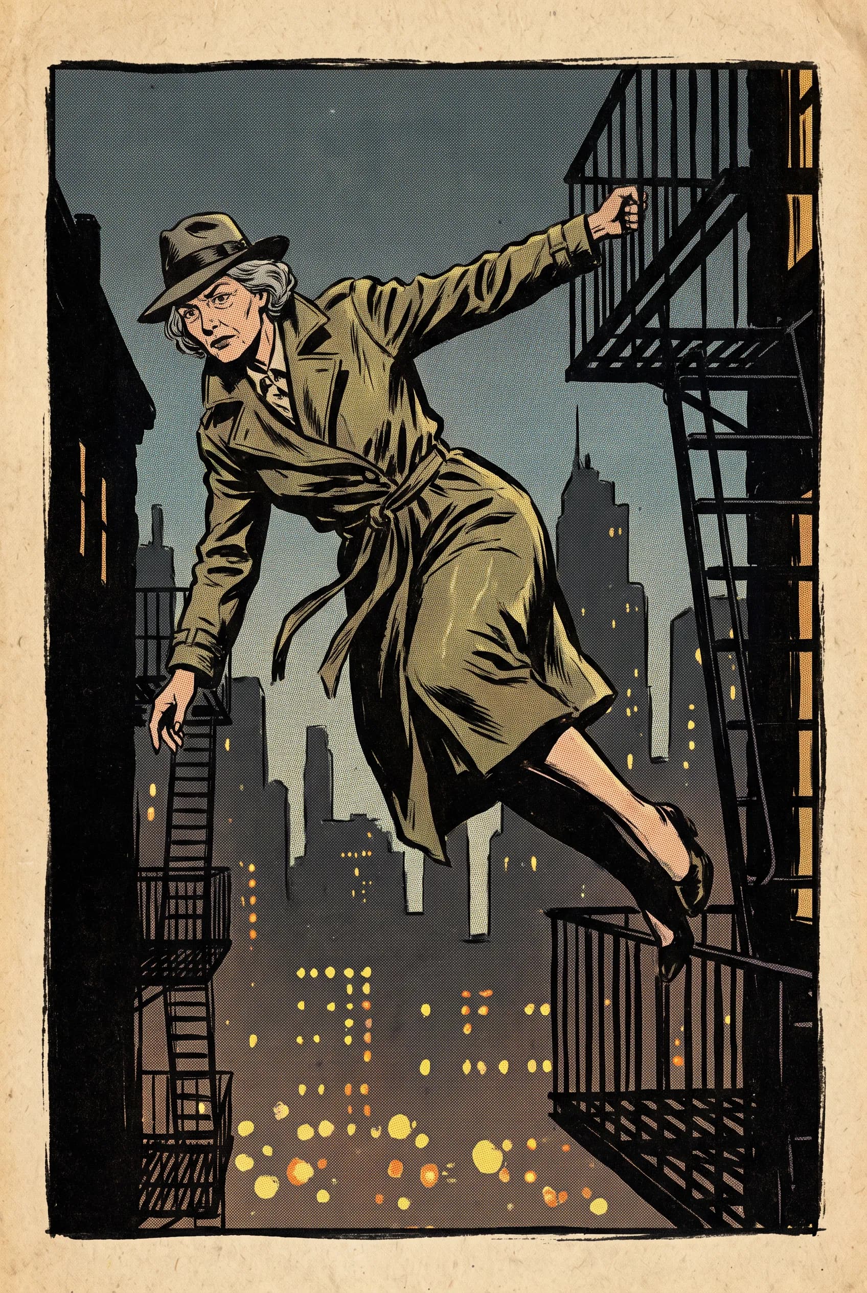 Gray-haired detective leaping between fire escapes at night in American superhero comic style