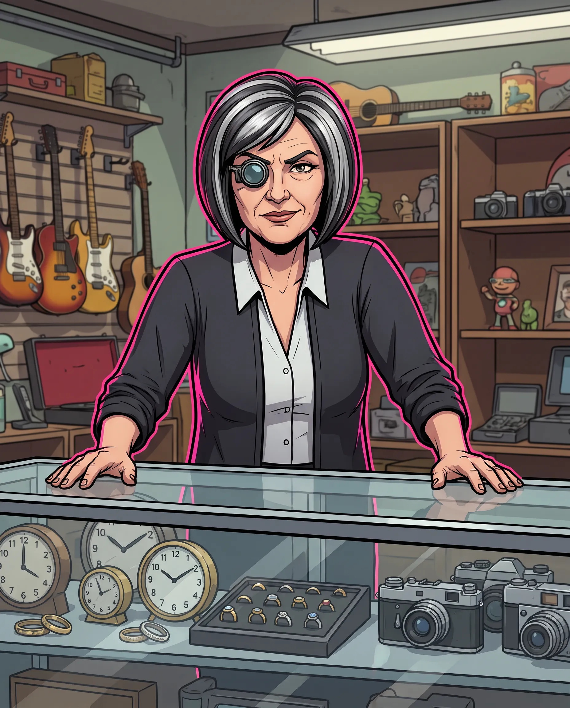 Toon-shaded 3D render of a pawnbroker behind a glass counter, Danganronpa art style