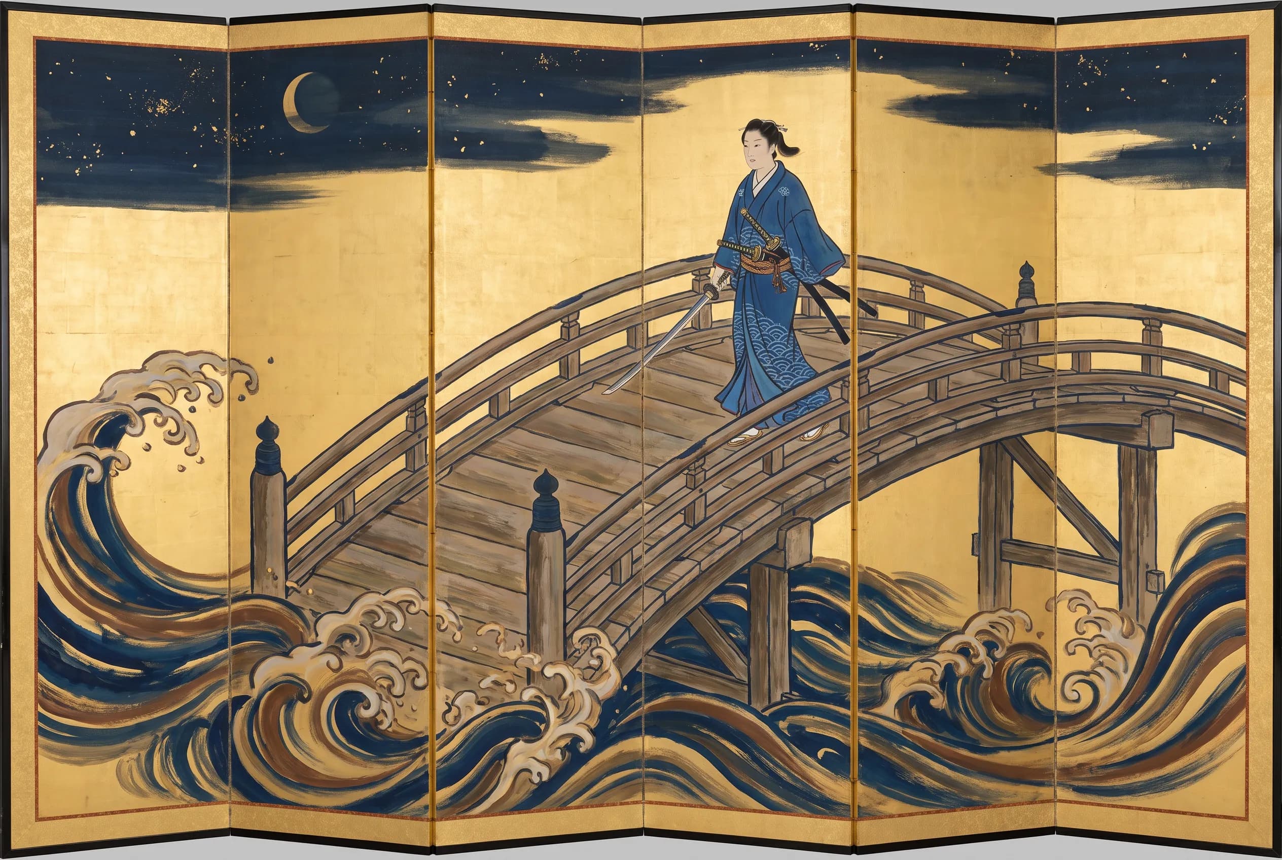 Gold-leaf folding screen painting of a swordswoman in her forties crossing a bridge at night, Demon Slayer art style