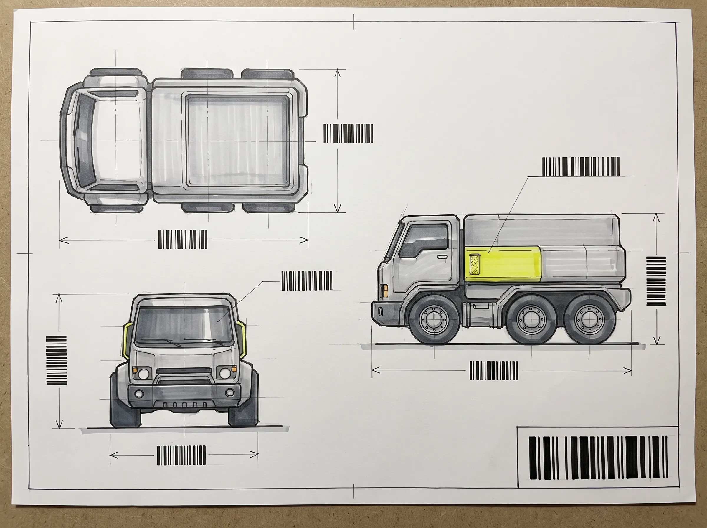 Front, side and top views of a six-wheeled cargo tug in gray marker with a yellow accent, orthographic sheet in Marathon art style