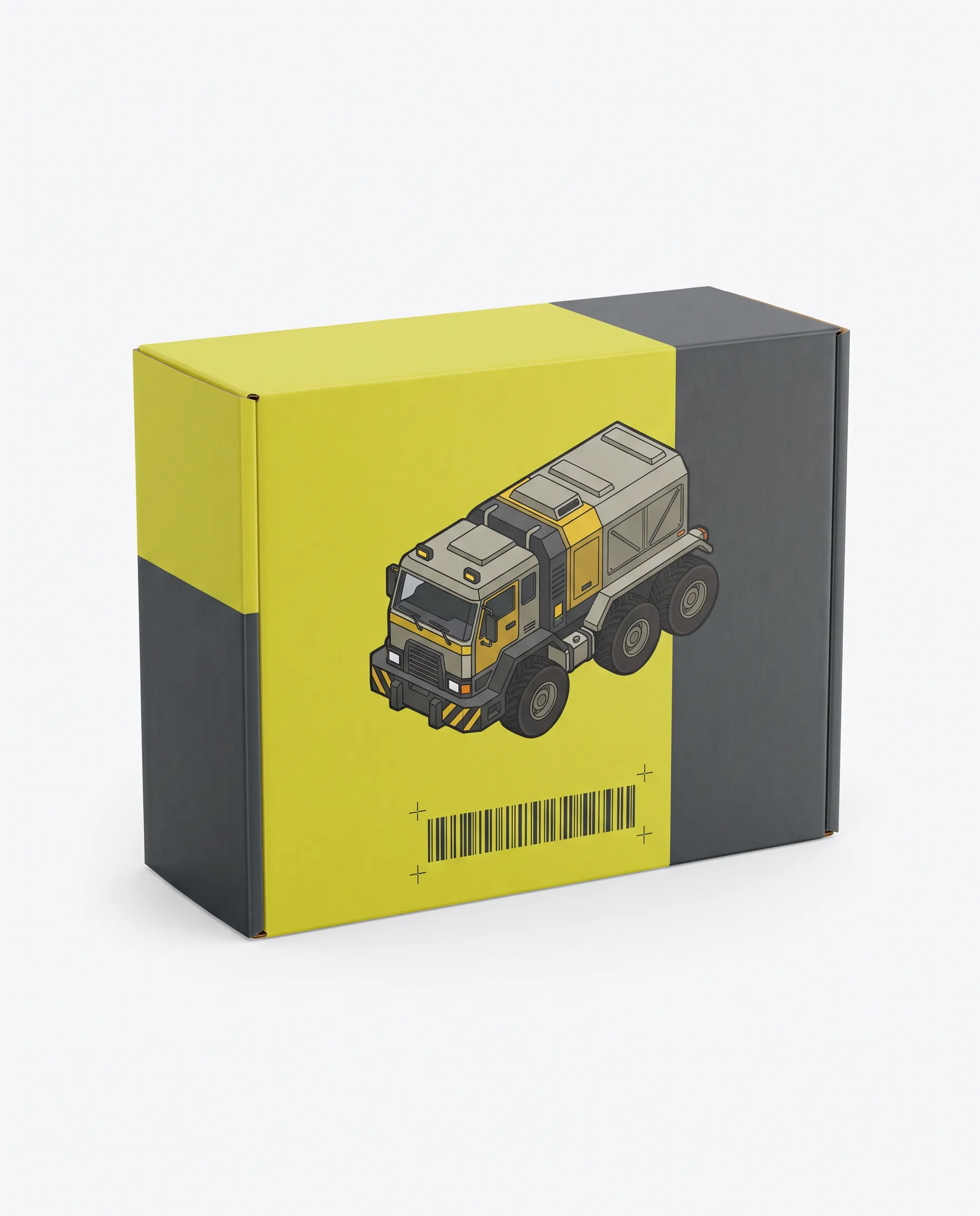 Model kit carton for a six-wheeled cargo tug printed in acid-yellow and graphite blocks, packaging photo in Marathon art style