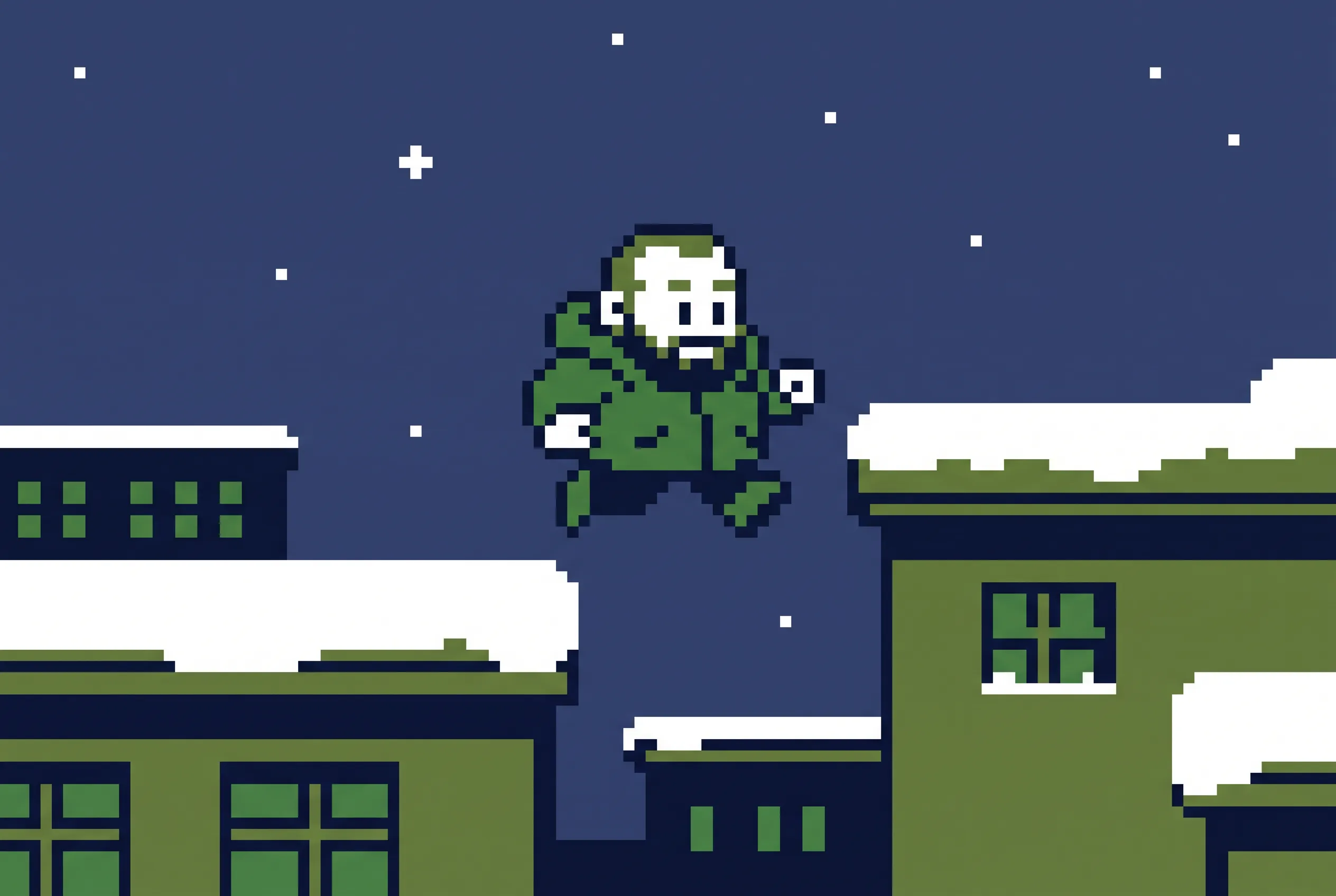 Bearded bookshop clerk jumping between snowy rooftops, 16-bit pixel art scene in the Scott Pilgrim art style