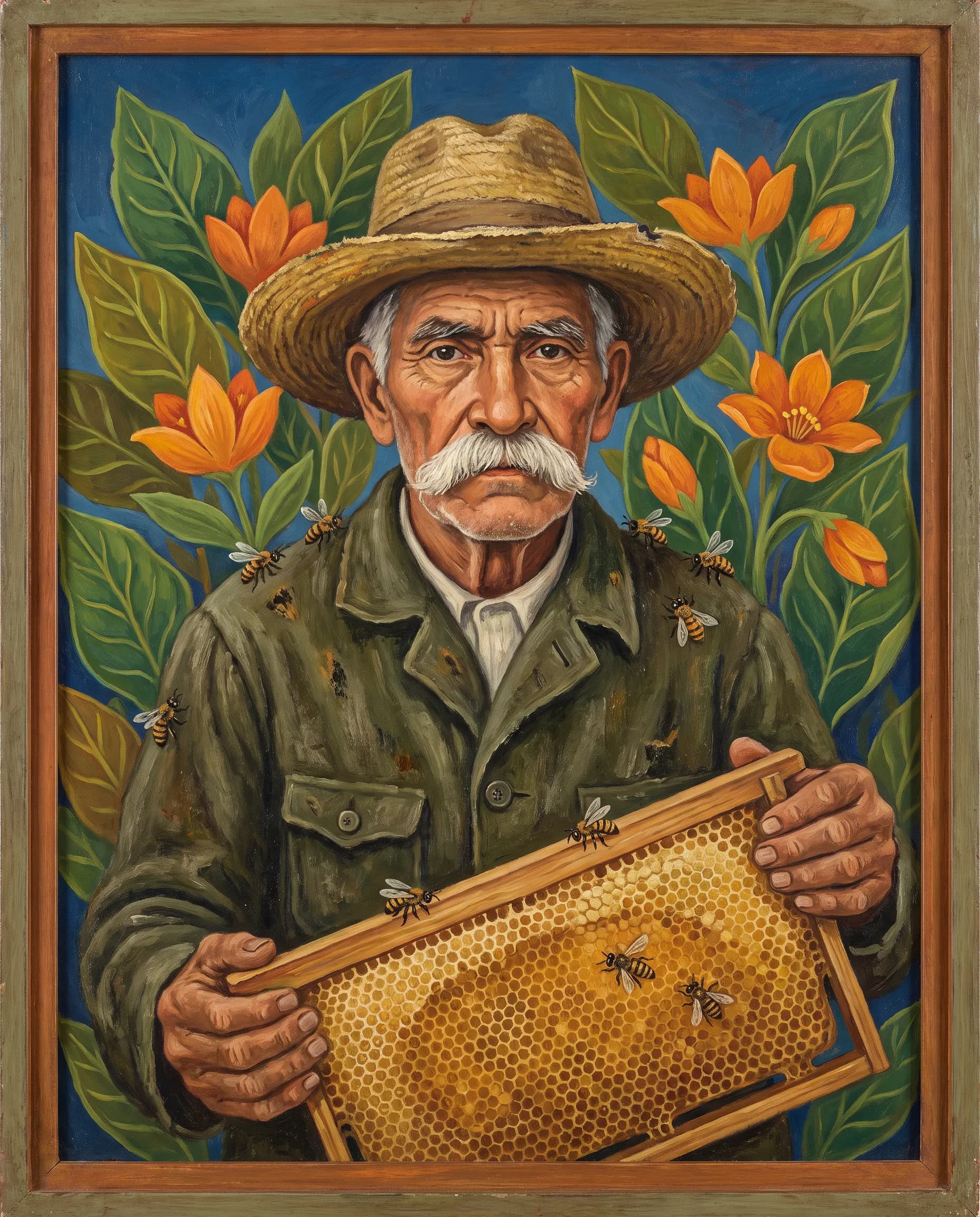 Oil on masonite portrait of an elderly beekeeper holding a honeycomb, Frida Kahlo art style