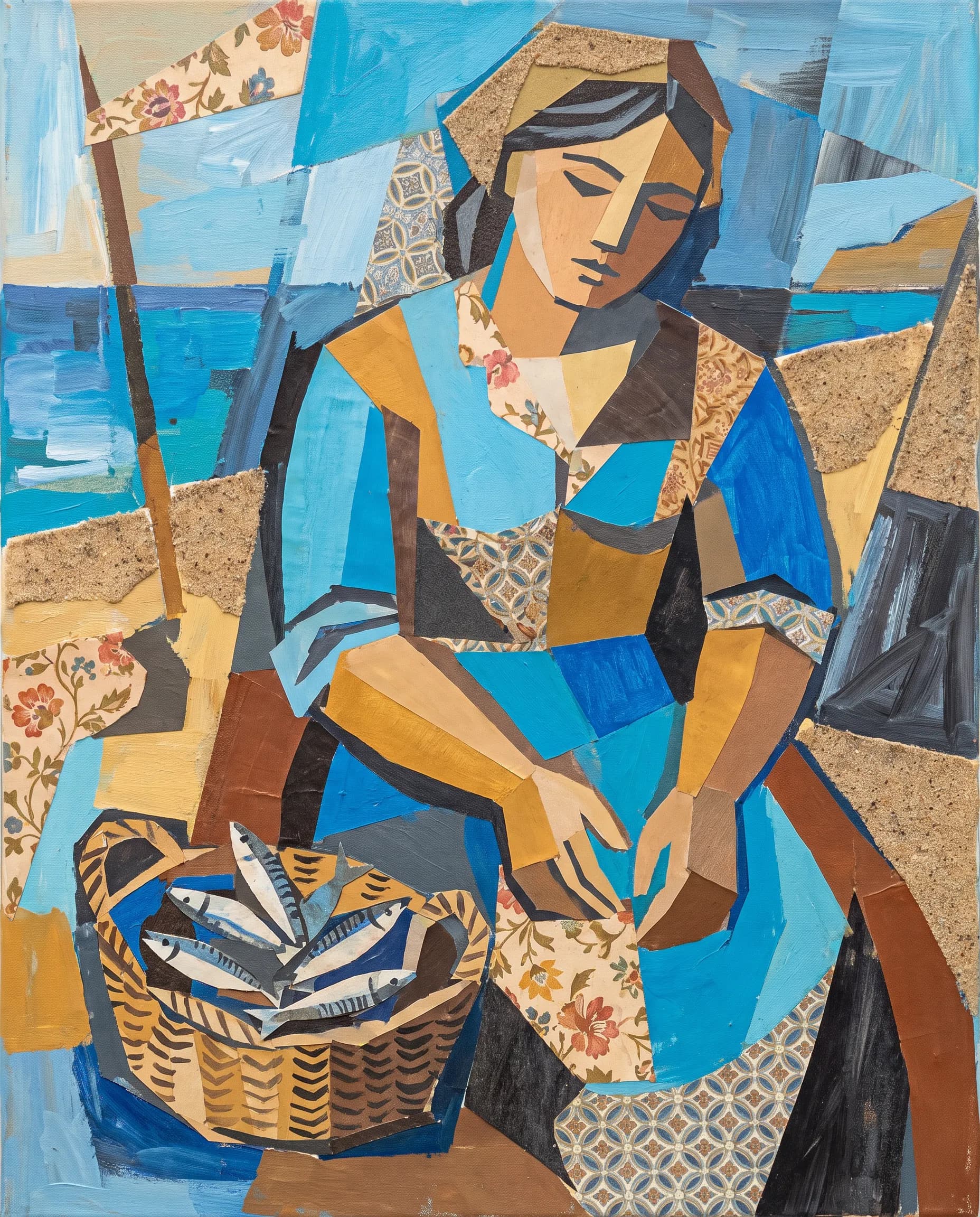Synthetic Cubist papier collé of a fisherwoman with a basket of sardines
