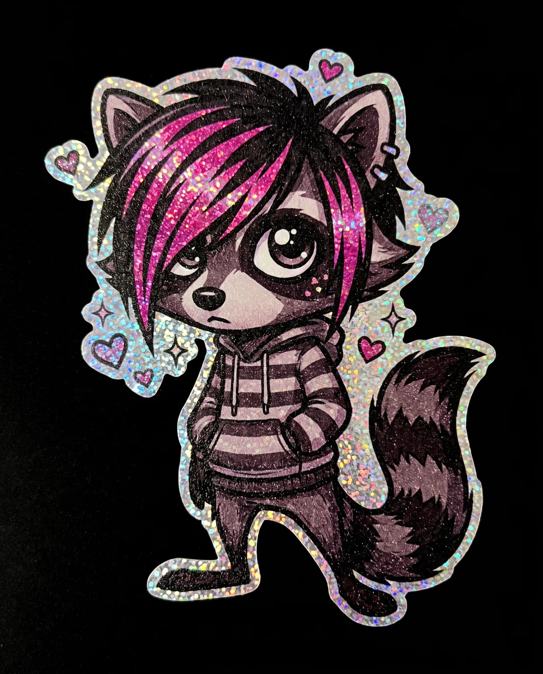 Glitter sticker graphic of a raccoon with a sparkling pink-streaked fringe, scene art style