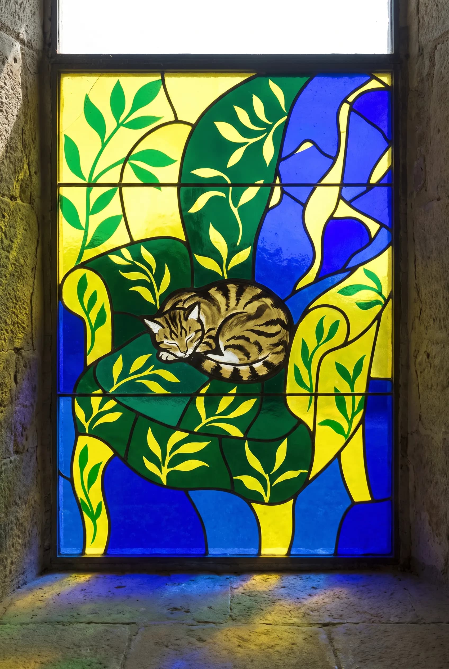 Stained glass window of a tabby cat asleep on an armchair, Henri Matisse art style