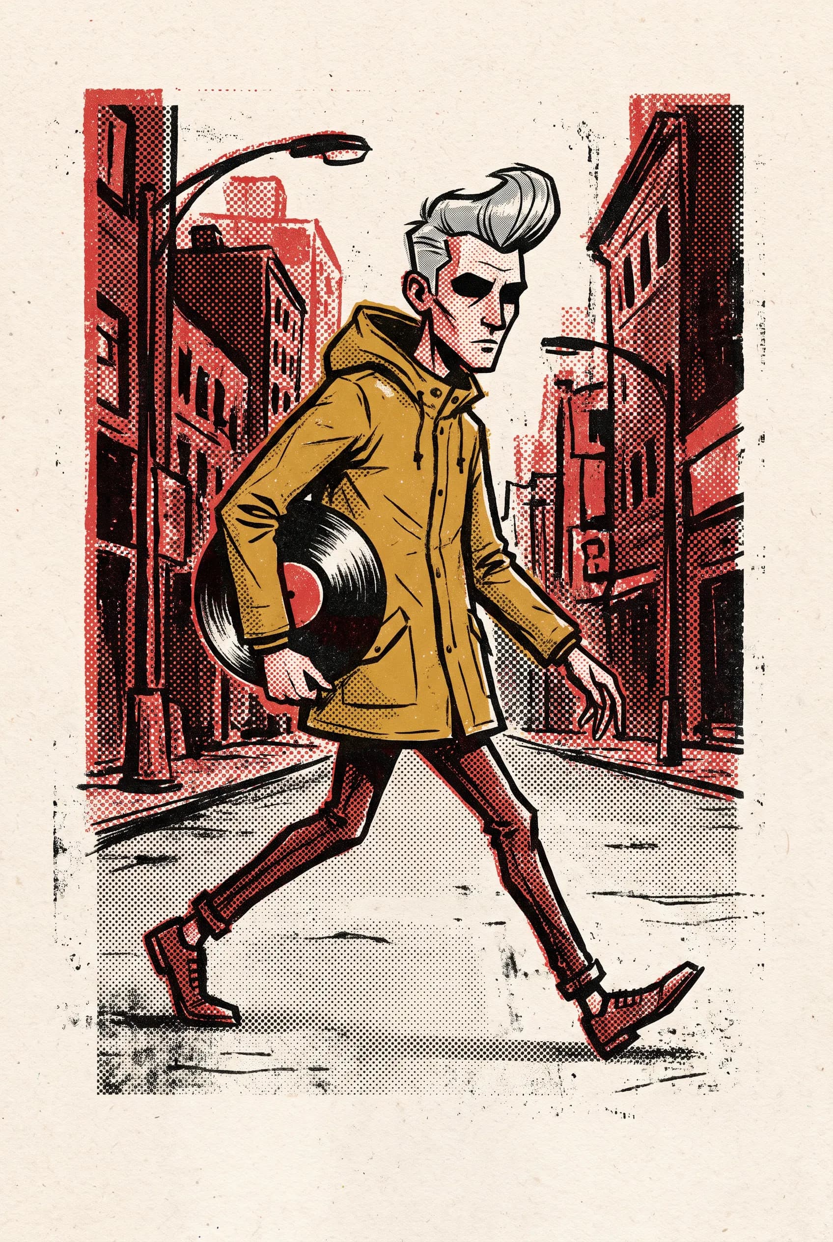 Record-shop owner striding with a record under her arm, red and black screen print in the Gorillaz art style