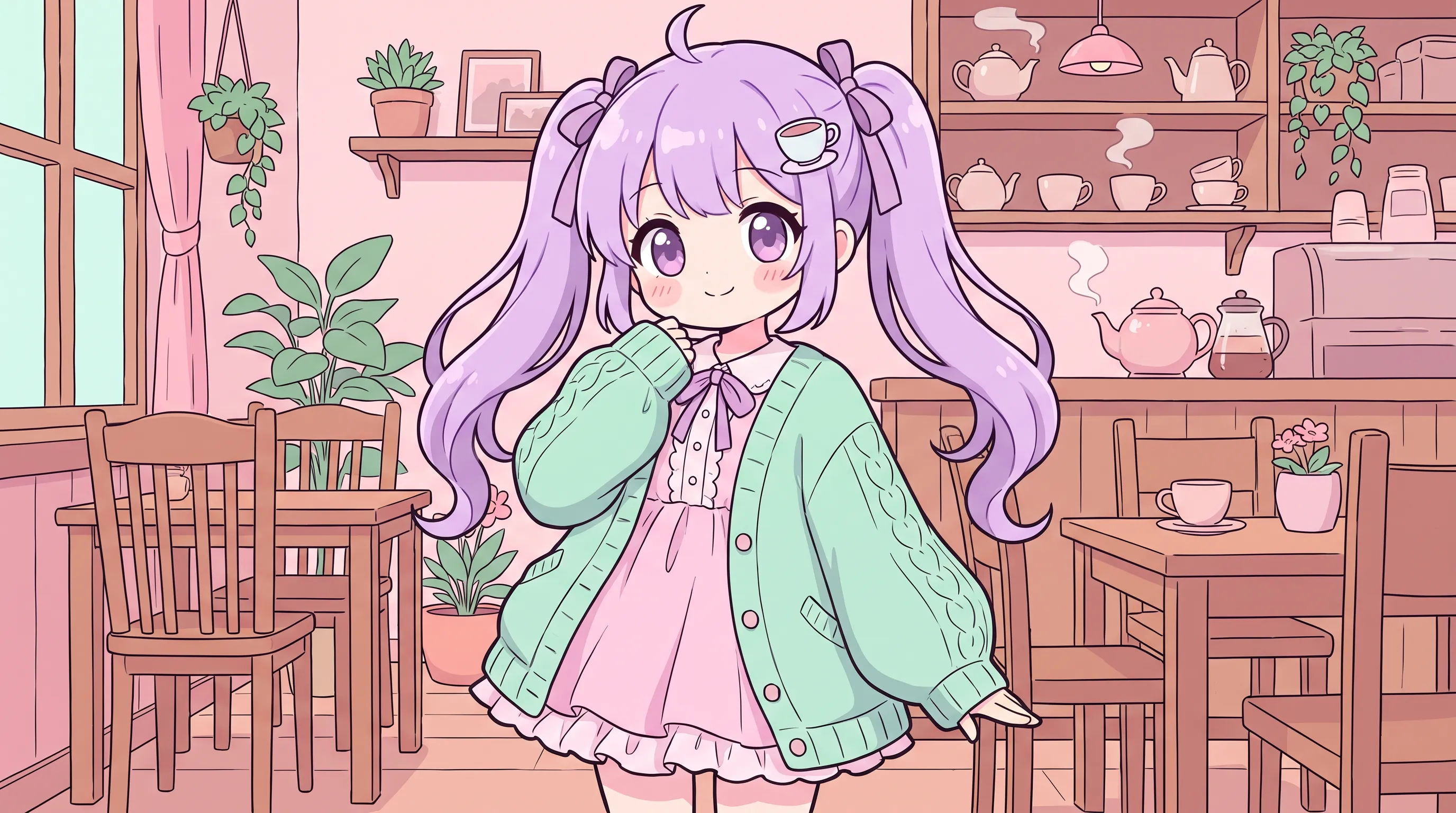 Moe art style key visual of an original tea-shop mascot with lavender twin tails