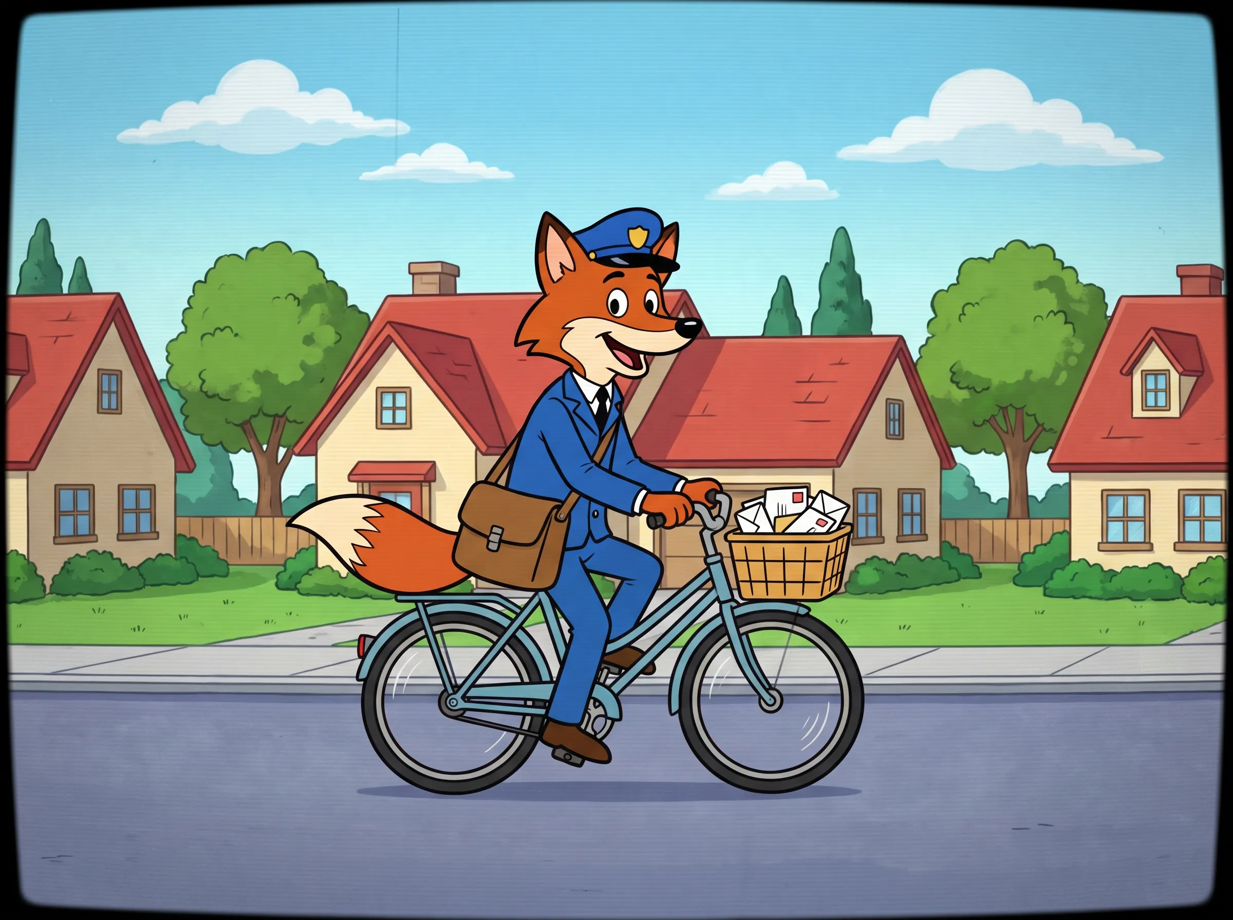 Saturday-morning TV cartoon of a fox mail carrier riding a bicycle past a row of houses