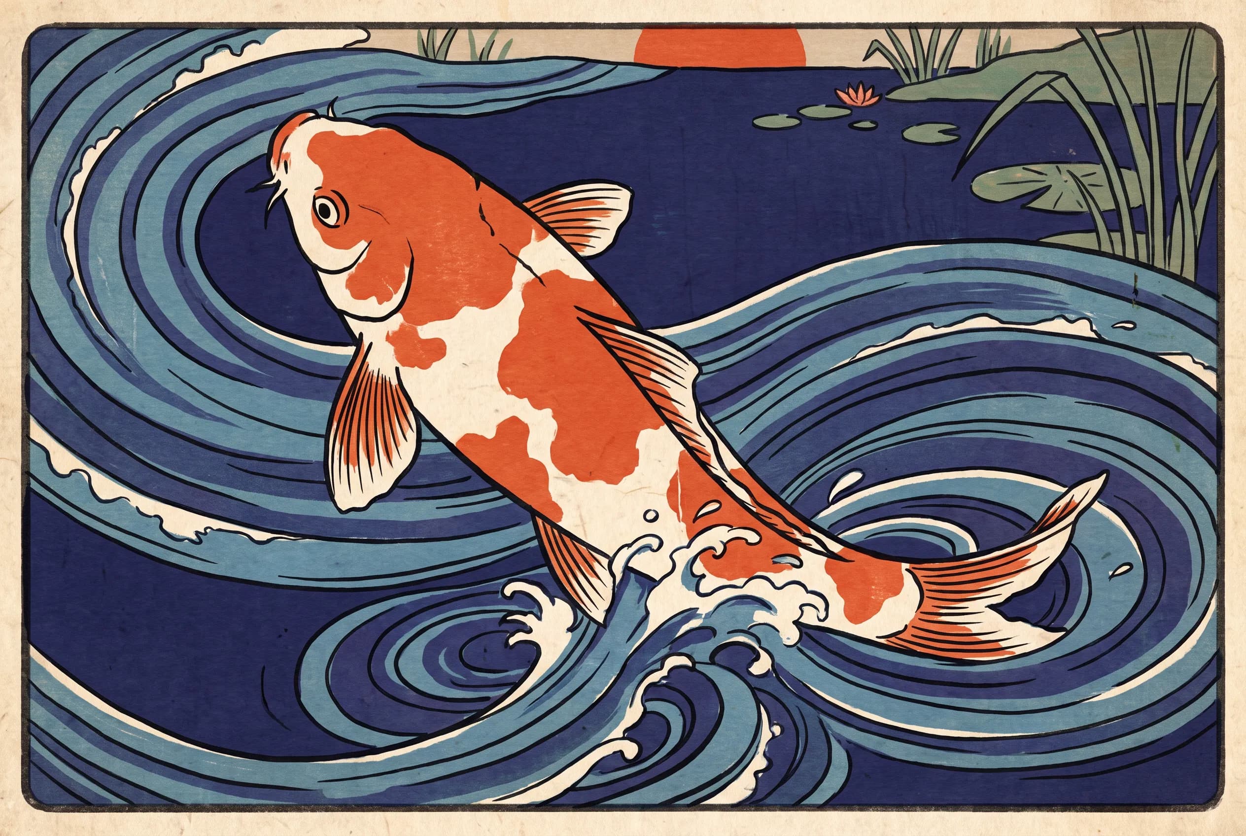 Ukiyo-e woodblock print of an orange-and-white koi rising through a pond