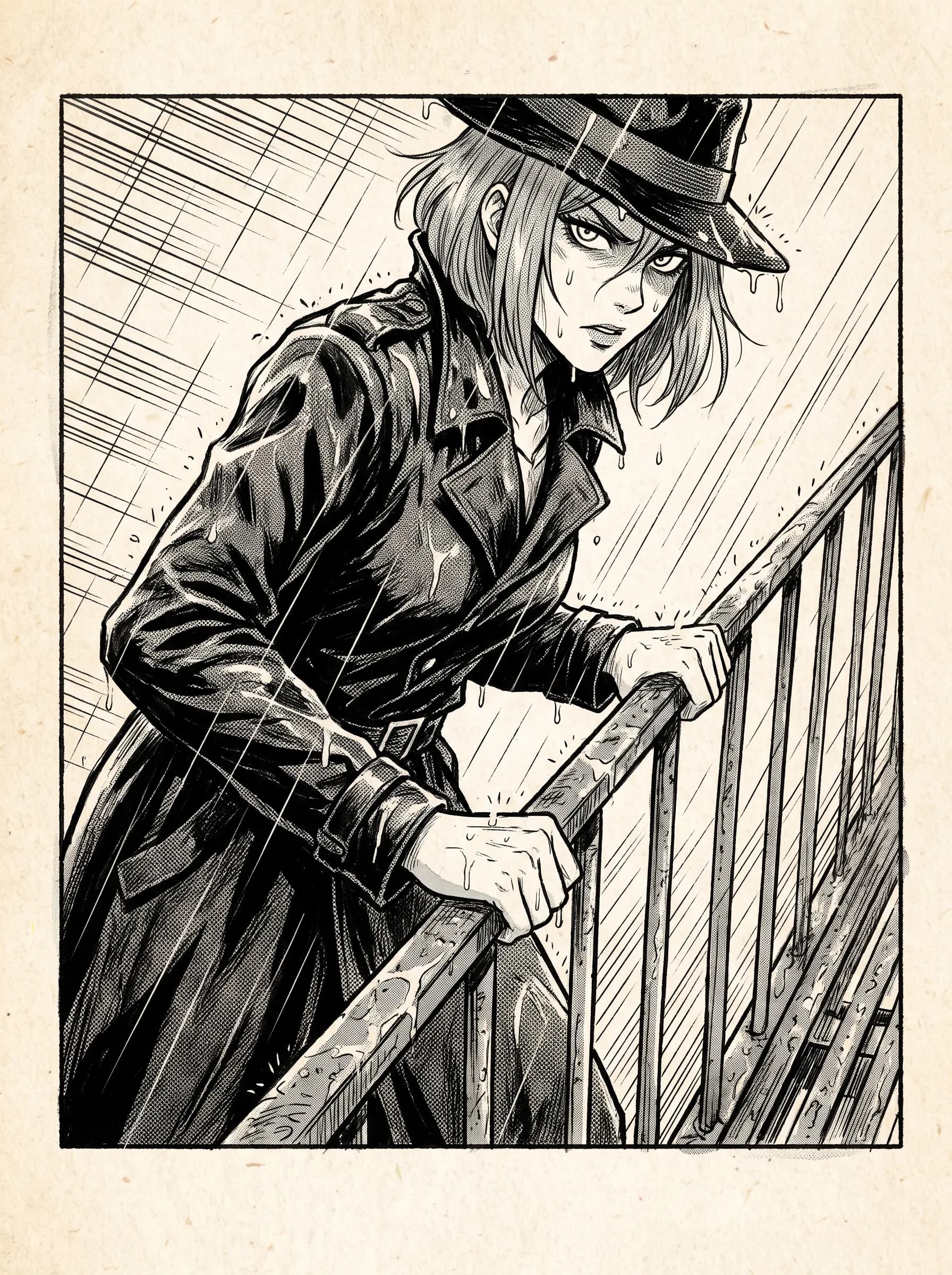 Gray-haired detective gripping a fire escape rail in black and white manga style