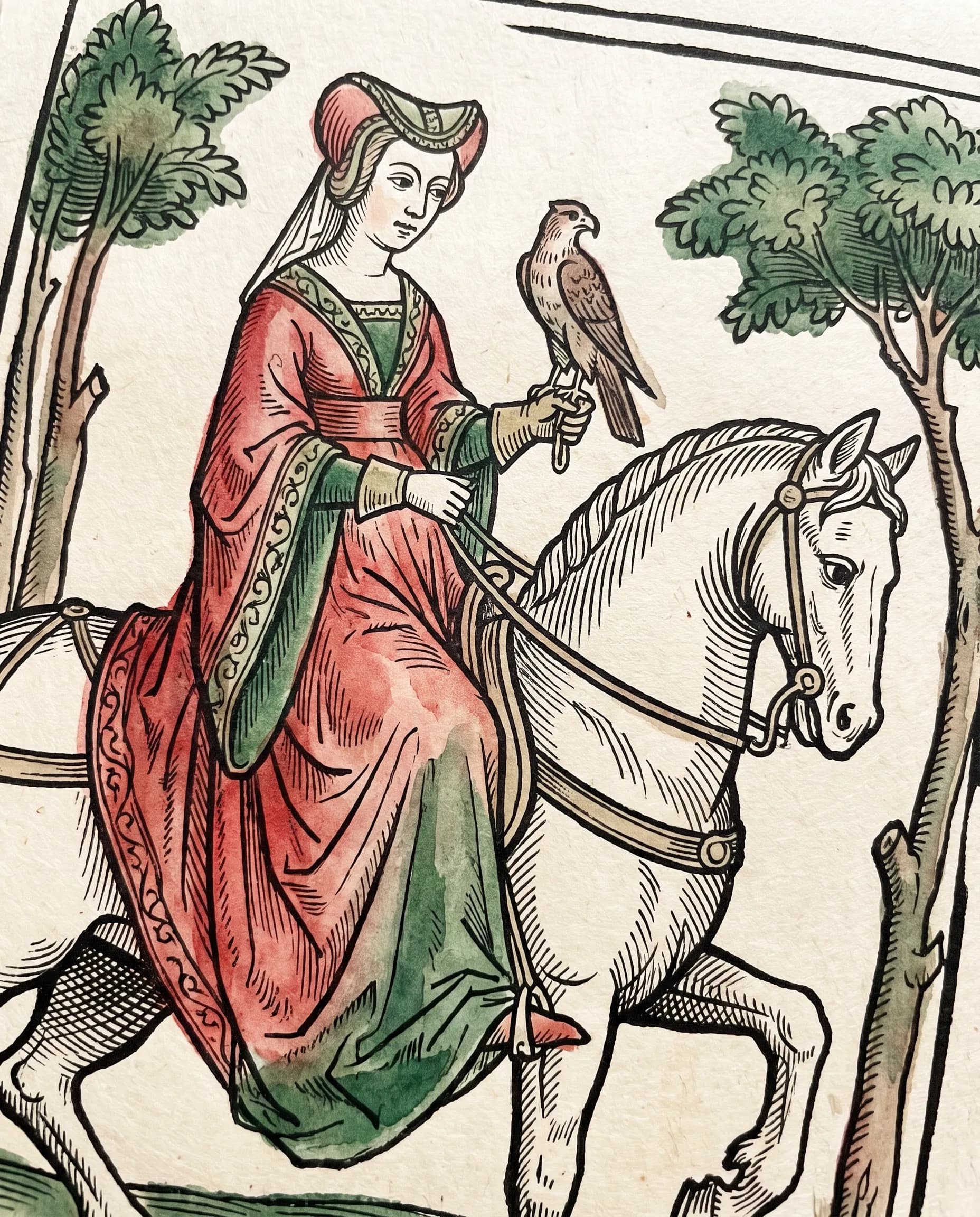 Hand-colored woodcut of a noblewoman falconer on a white horse, late medieval art style