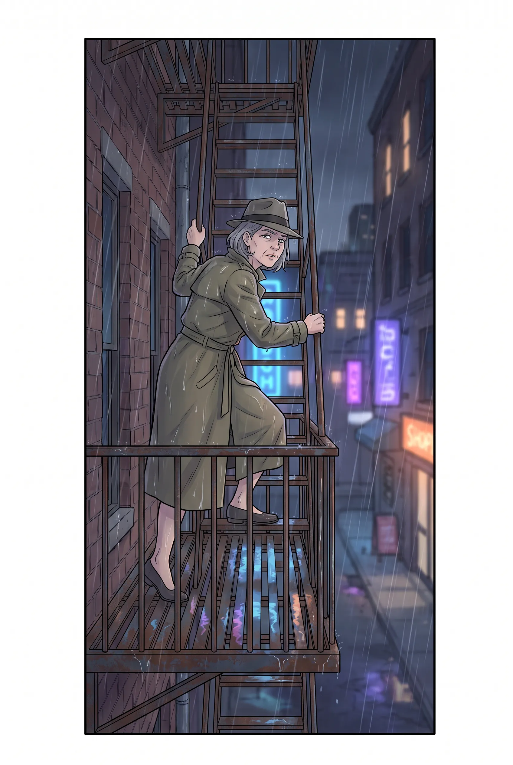 Gray-haired detective climbing a fire escape in the rain in vertical webtoon comic style