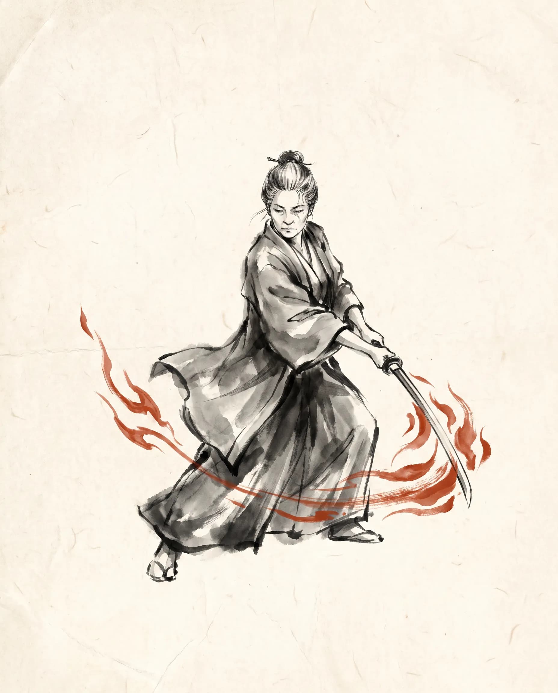 Sumi ink painting of a swordswoman in her forties drawing a sword trailed by vermilion flame strokes, Demon Slayer art style