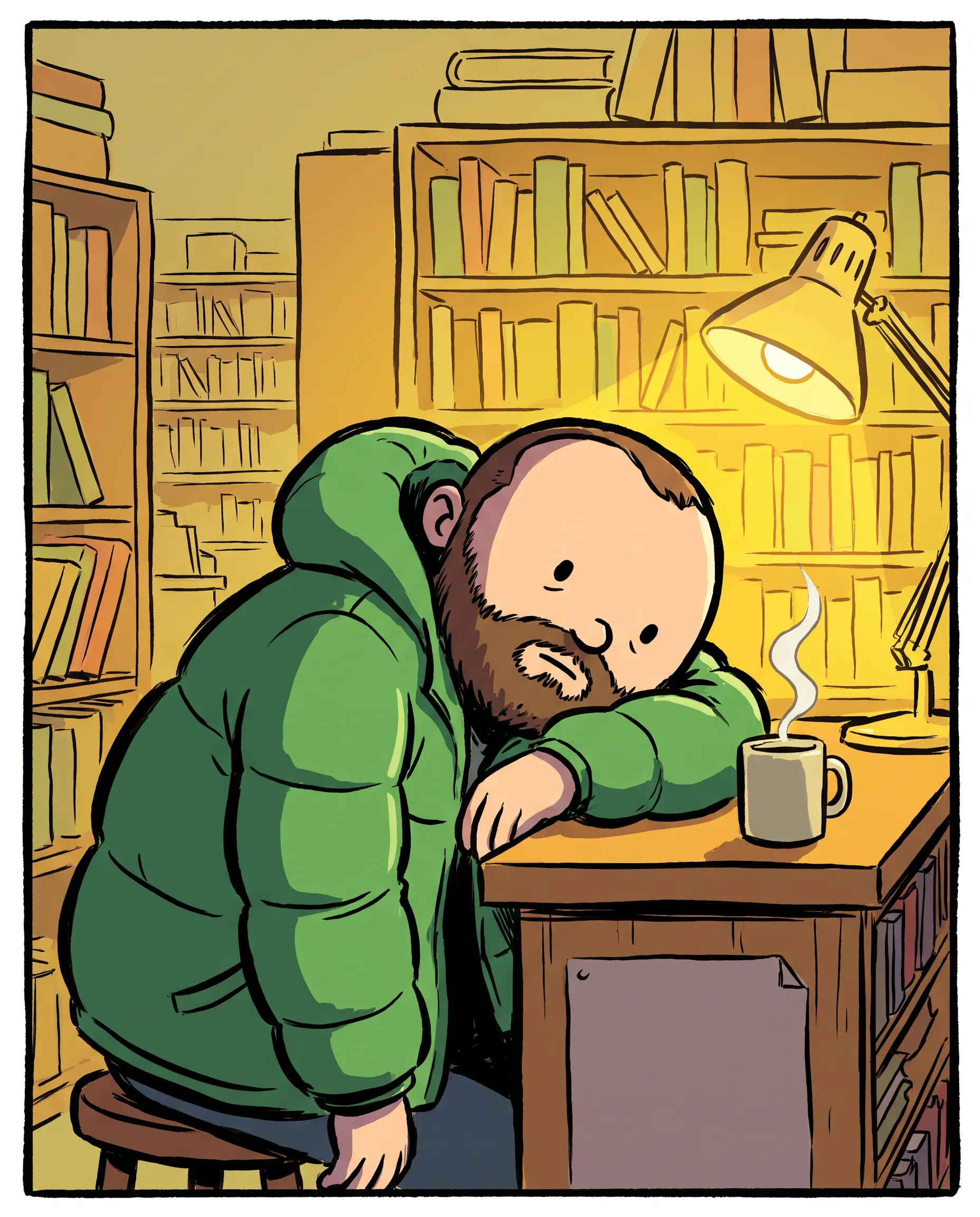 Bearded bookshop clerk slumped at the register with coffee, full-color digital comic panel in the Scott Pilgrim art style