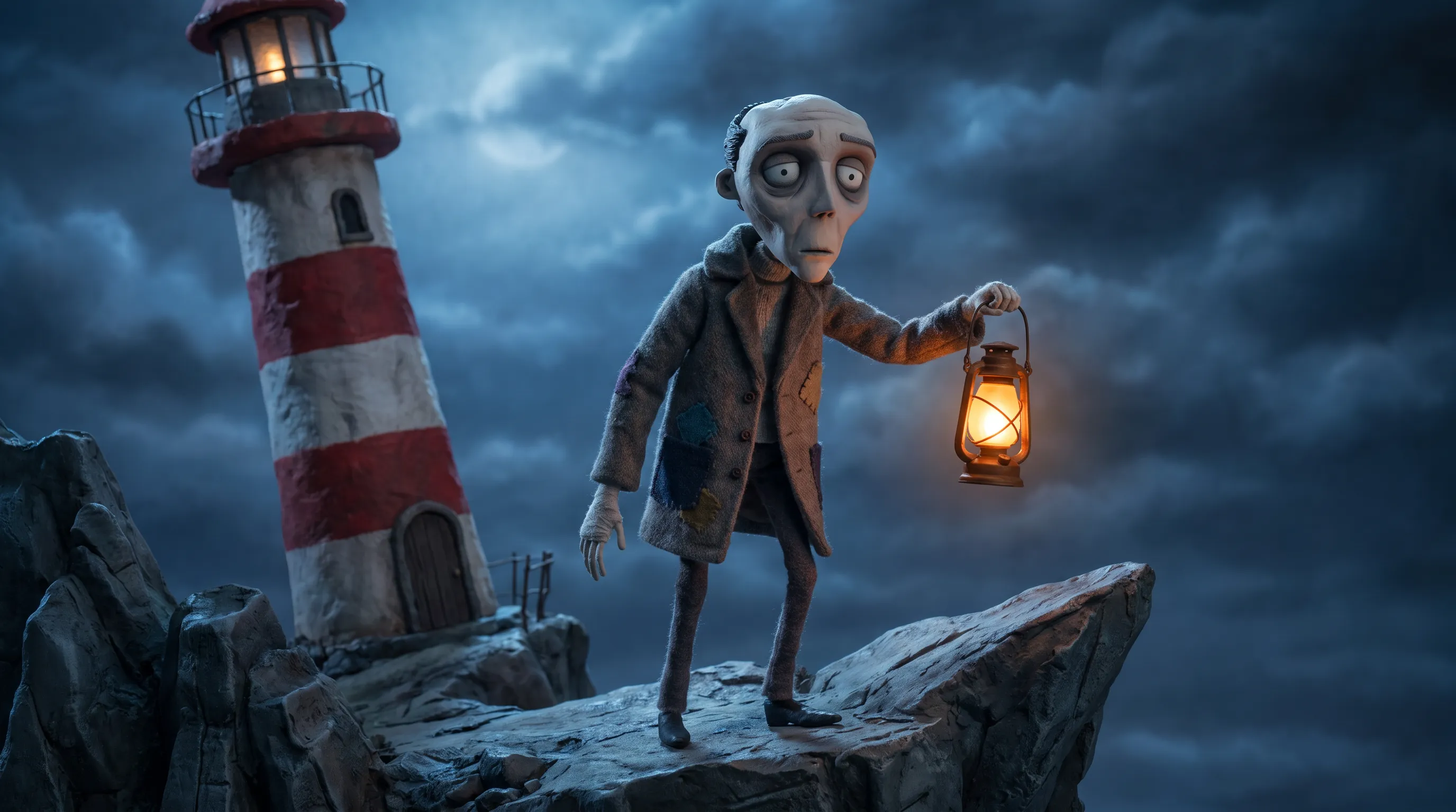 Stop-motion puppet of a gaunt lighthouse keeper with an oversized head and spindly limbs on a crooked cliff