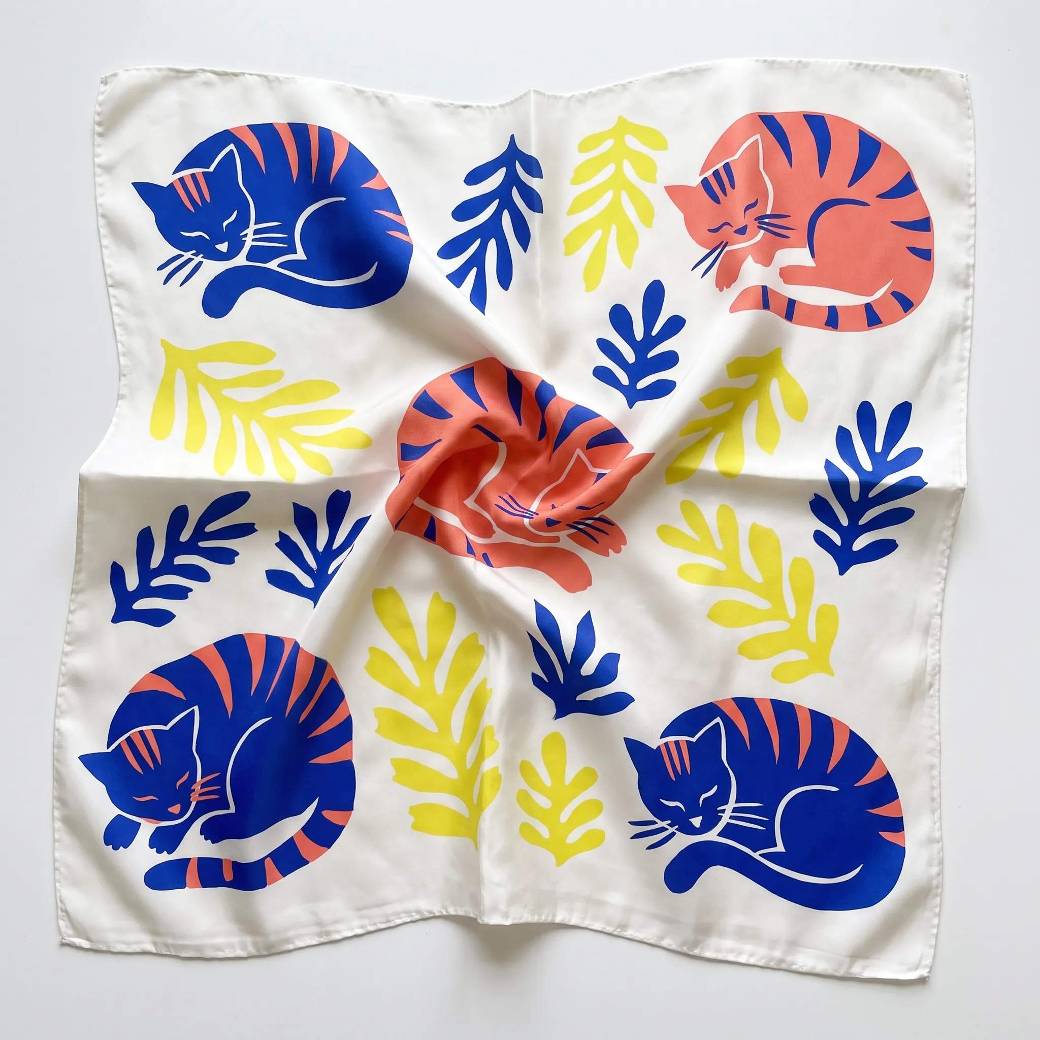 Printed silk scarf with a repeat of sleeping tabby cats and paper leaves, Henri Matisse art style